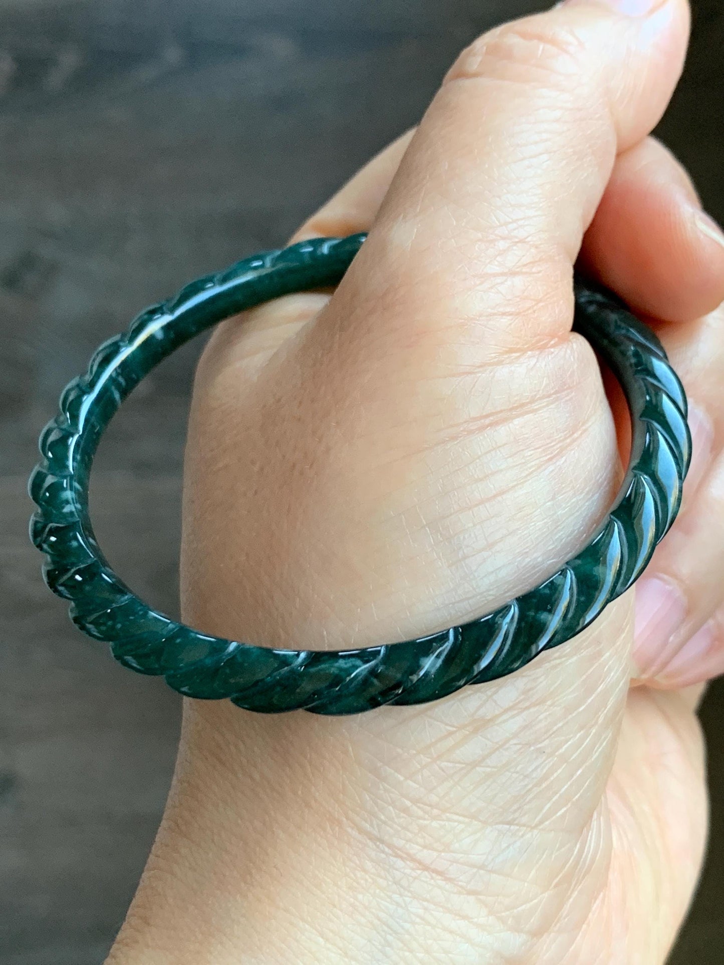 Certified Natural Grade A Icy Translucent Gelatinous Teal Green Jadeite Carved Braid Bangle Bracelet 55.88mm 6.9” 13.9g 天然冰危篮绿翡翠麻花手镯 1141