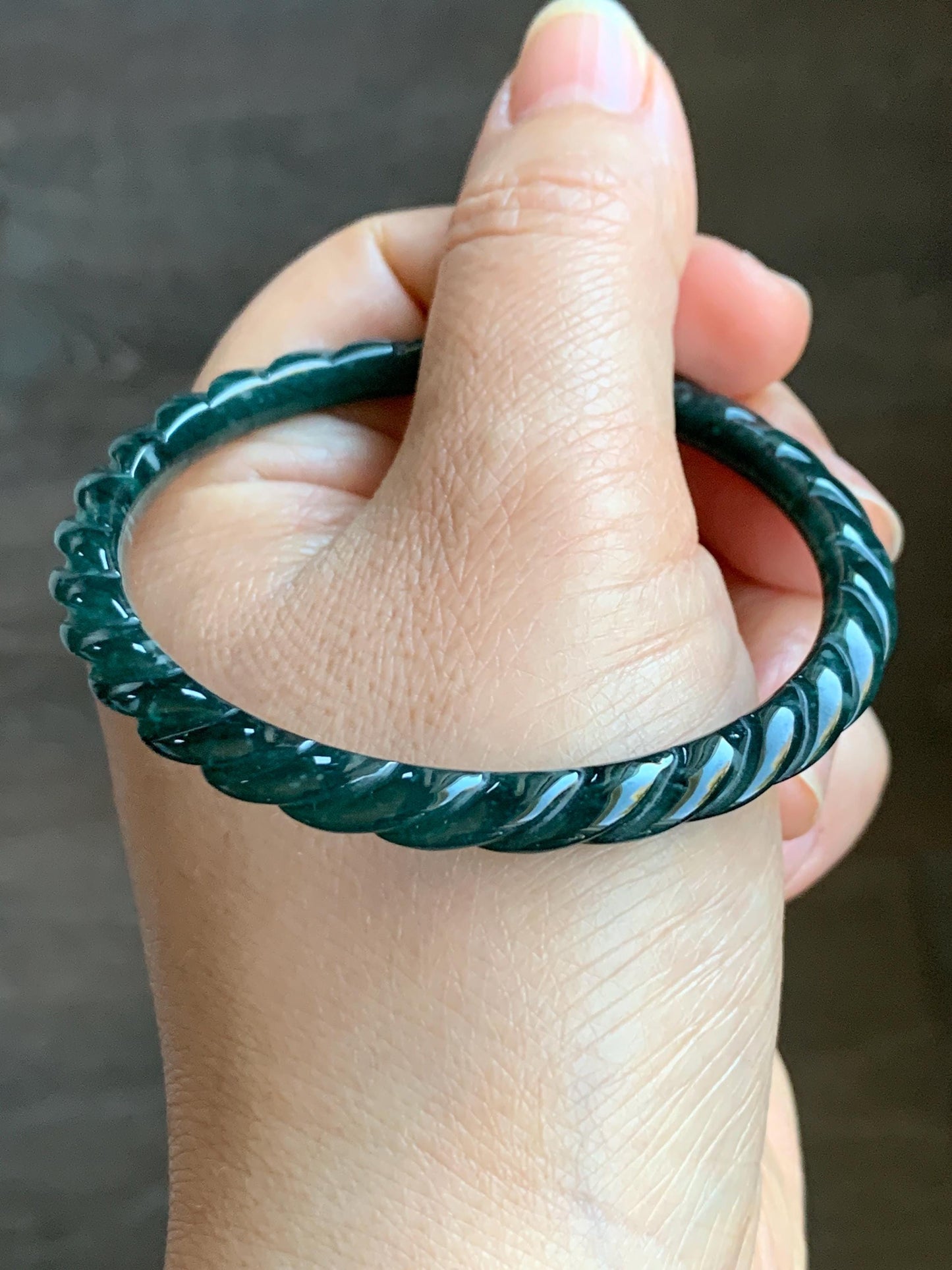 Certified Natural Grade A Icy Translucent Gelatinous Teal Green Jadeite Carved Braid Bangle Bracelet 55.88mm 6.9” 13.9g 天然冰危篮绿翡翠麻花手镯 1141