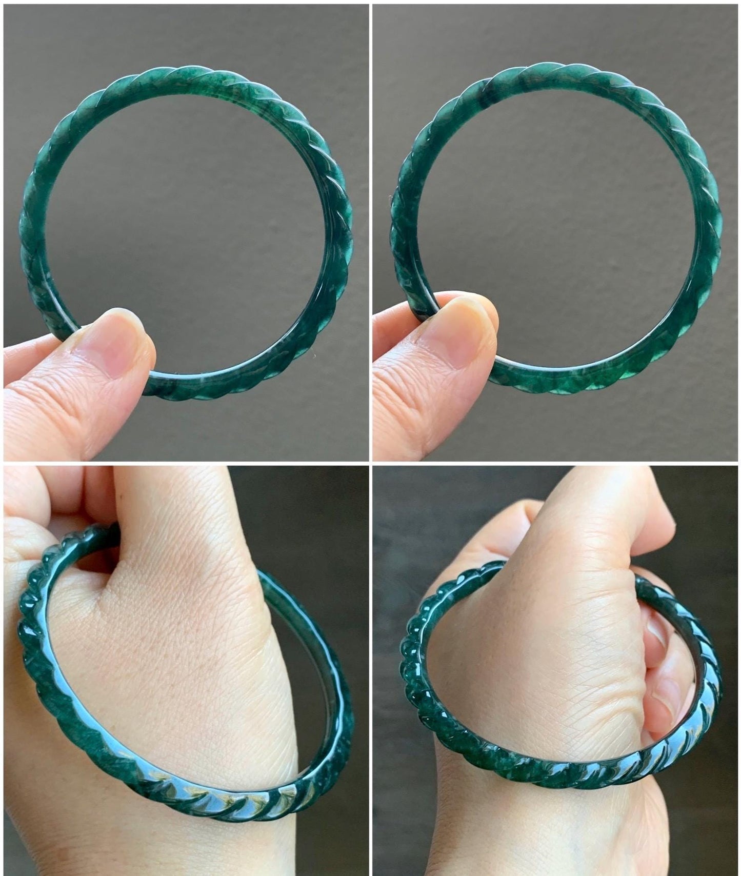 Certified Natural Grade A Icy Translucent Gelatinous Teal Green Jadeite Carved Braid Bangle Bracelet 58mm 7.15” 13.29g 天然冰危篮绿翡翠麻花手镯 1143