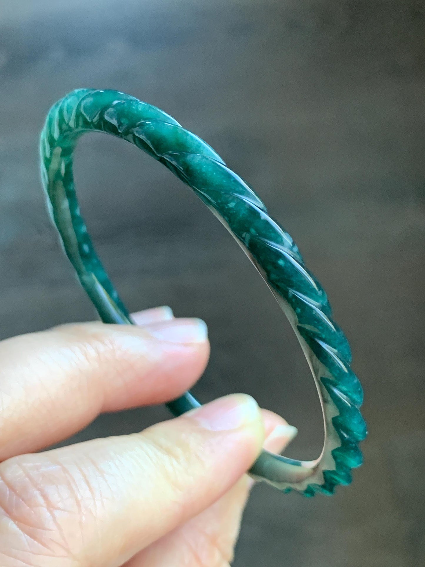 Certified Natural Grade A Icy Translucent Gelatinous Teal Green Jadeite Carved Braid Bangle Bracelet 58mm 7.15” 13.29g 天然冰危篮绿翡翠麻花手镯 1143