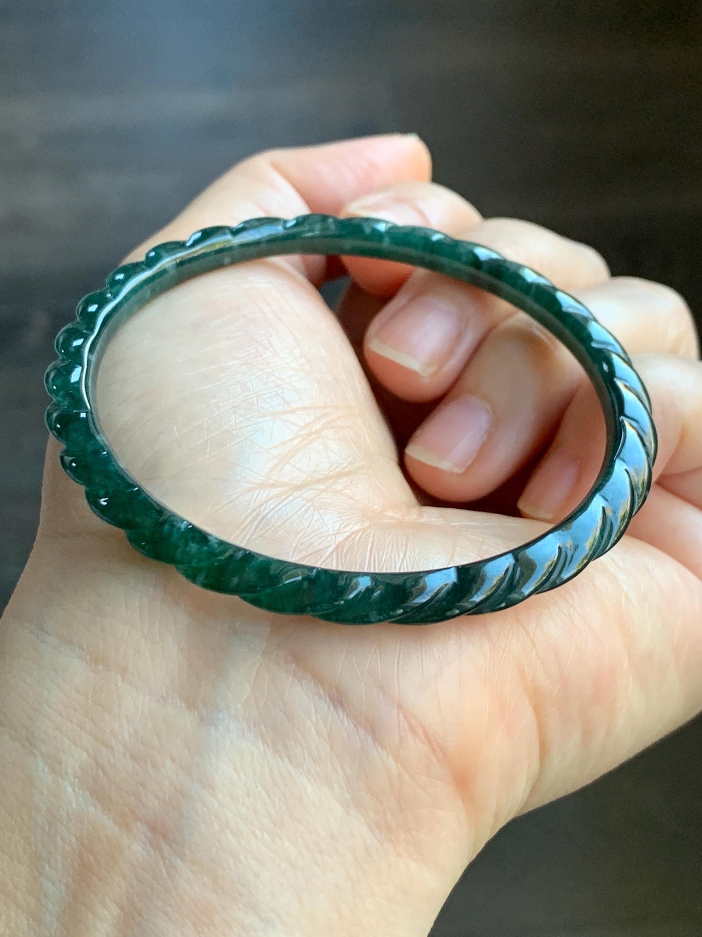 Certified Natural Grade A Icy Translucent Gelatinous Teal Green Jadeite Carved Braid Bangle Bracelet 58mm 7.15” 13.29g 天然冰危篮绿翡翠麻花手镯 1143