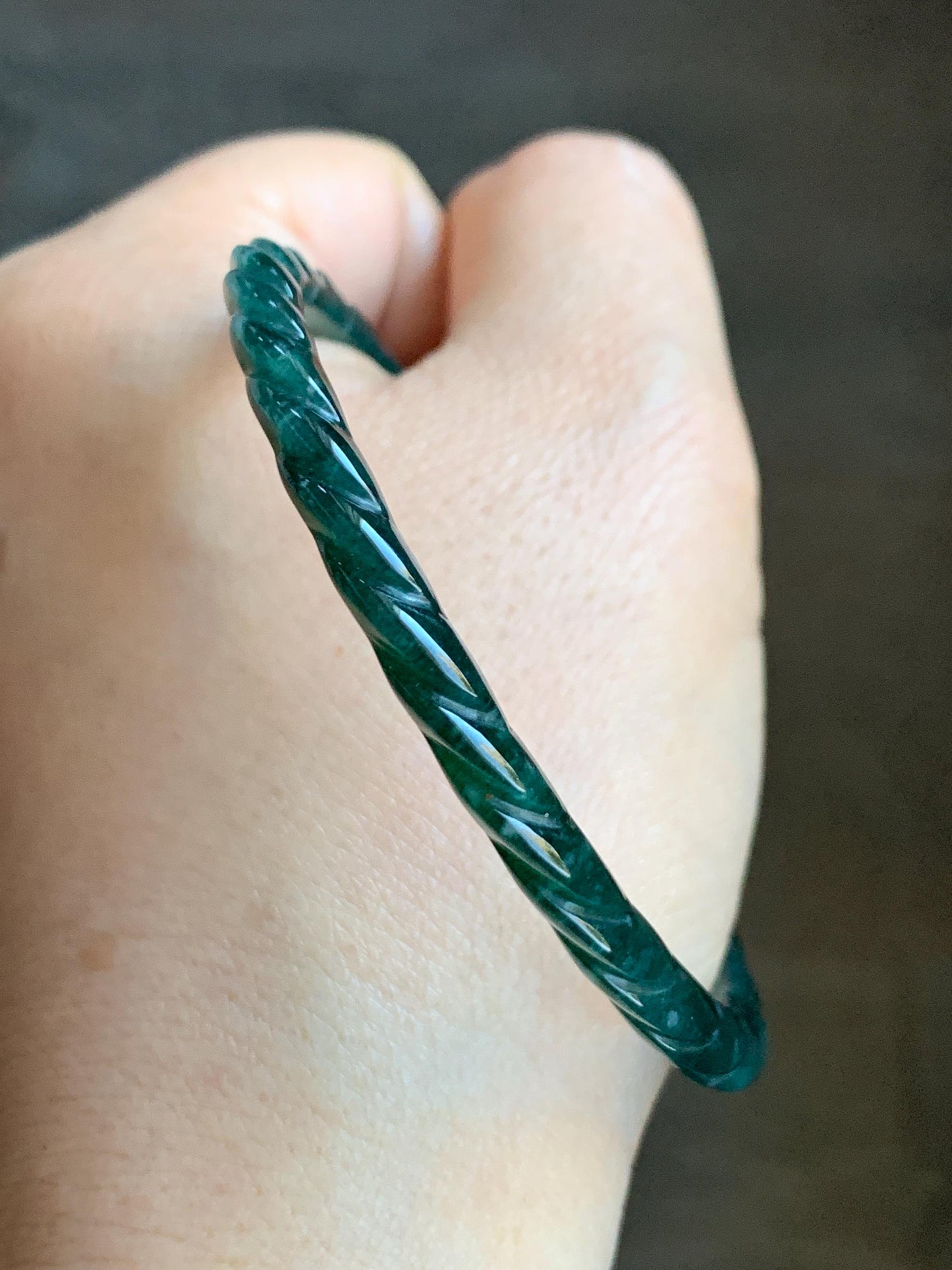 Certified Natural Grade A Icy Translucent Gelatinous Teal Green Jadeite Carved Braid Bangle Bracelet 58mm 7.15” 13.29g 天然冰危篮绿翡翠麻花手镯 1143