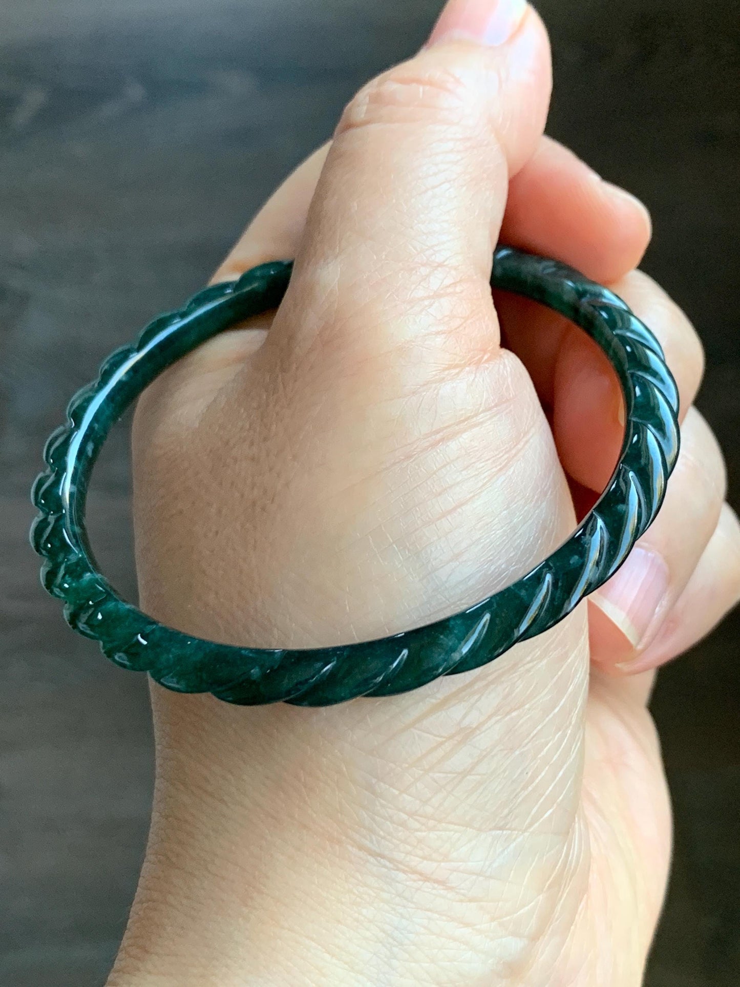 Certified Natural Grade A Icy Translucent Gelatinous Teal Green Jadeite Carved Braid Bangle Bracelet 58mm 7.15” 13.29g 天然冰危篮绿翡翠麻花手镯 1143