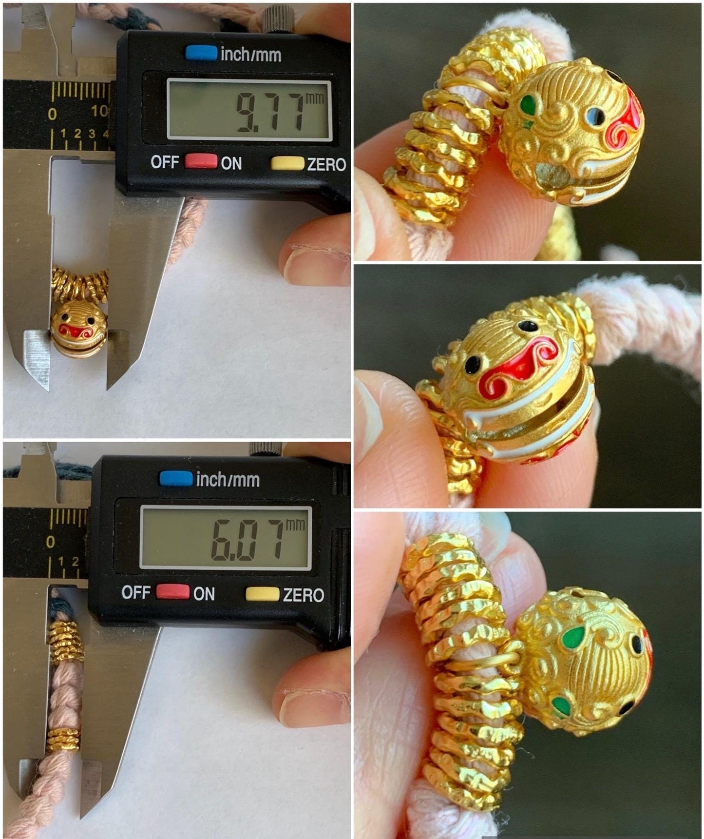 Sterling Silver Pan Chan Rings and Pixiu Charm Handcrafted Beaded Rope Fortune Bracelet Adjustable 6.75” 9g 纯银S925盘缠貔貅铃铛手工手绳