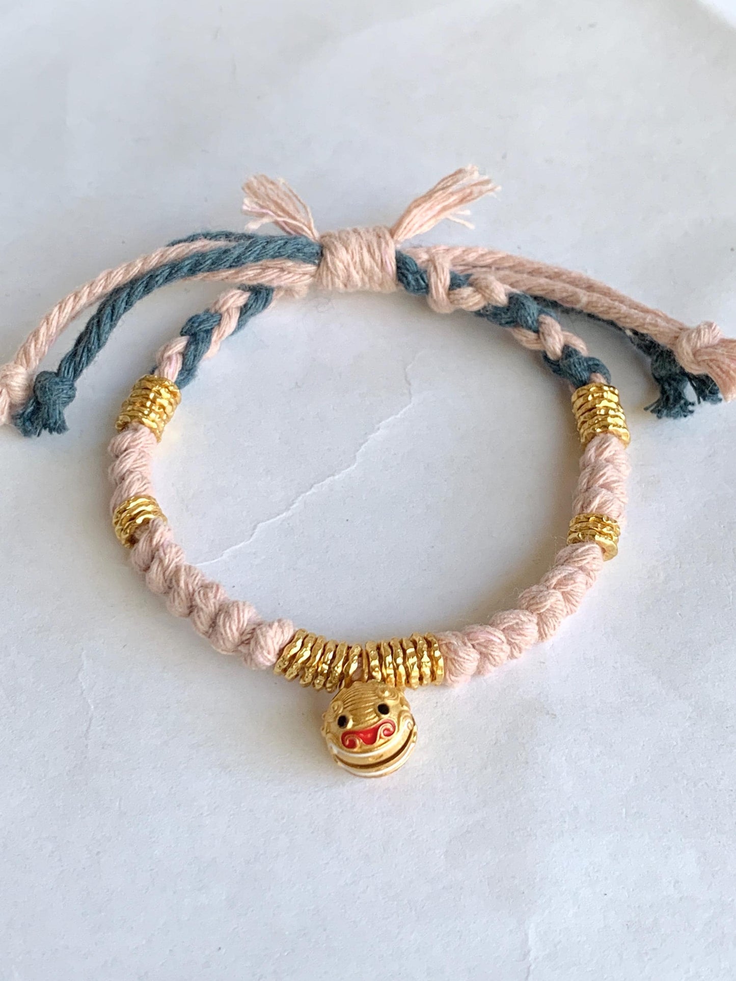 Sterling Silver Pan Chan Rings and Pixiu Charm Handcrafted Beaded Rope Fortune Bracelet Adjustable 6.75” 9g 纯银S925盘缠貔貅铃铛手工手绳