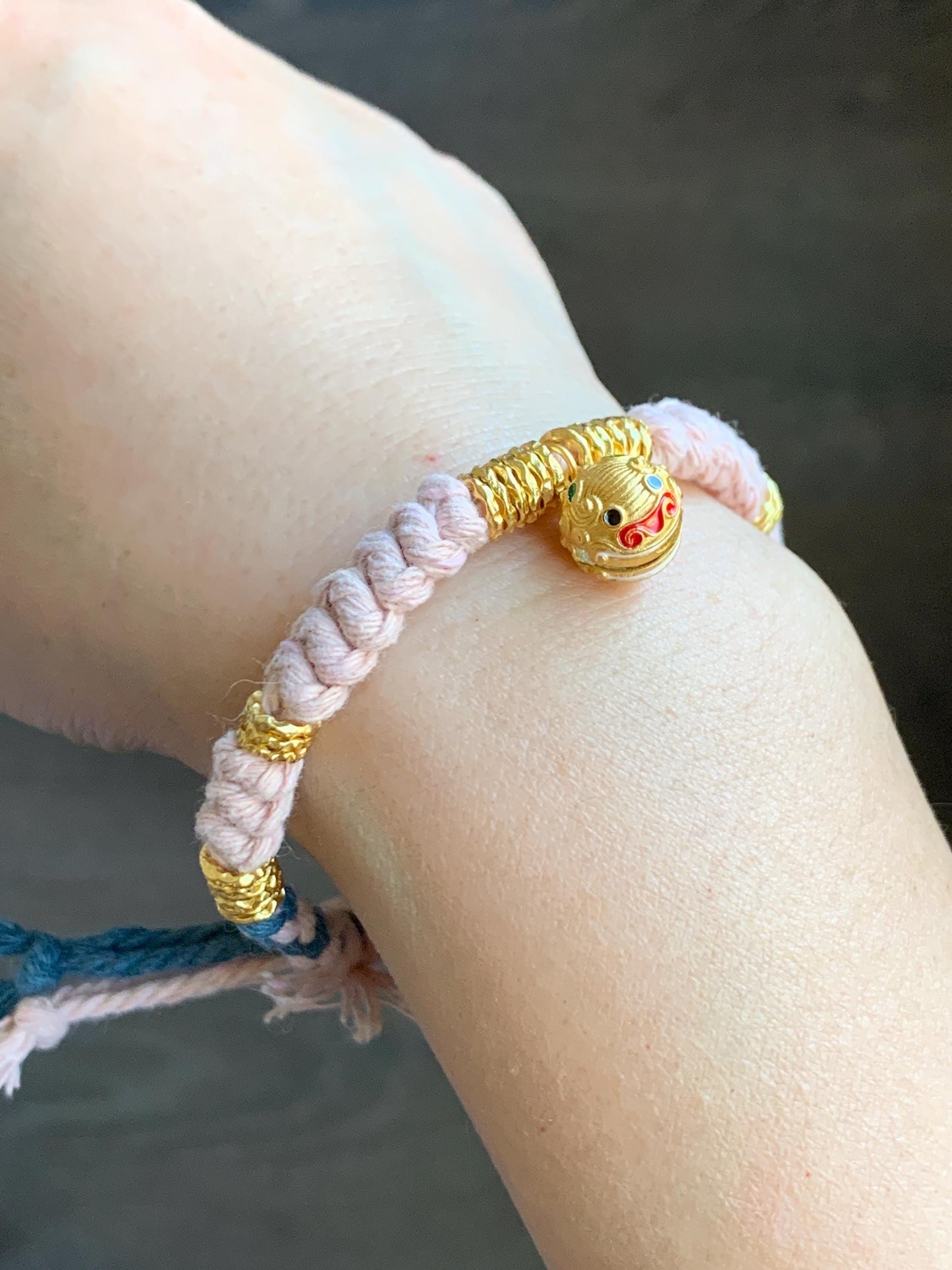 Sterling Silver Pan Chan Rings and Pixiu Charm Handcrafted Beaded Rope Fortune Bracelet Adjustable 6.75” 9g 纯银S925盘缠貔貅铃铛手工手绳