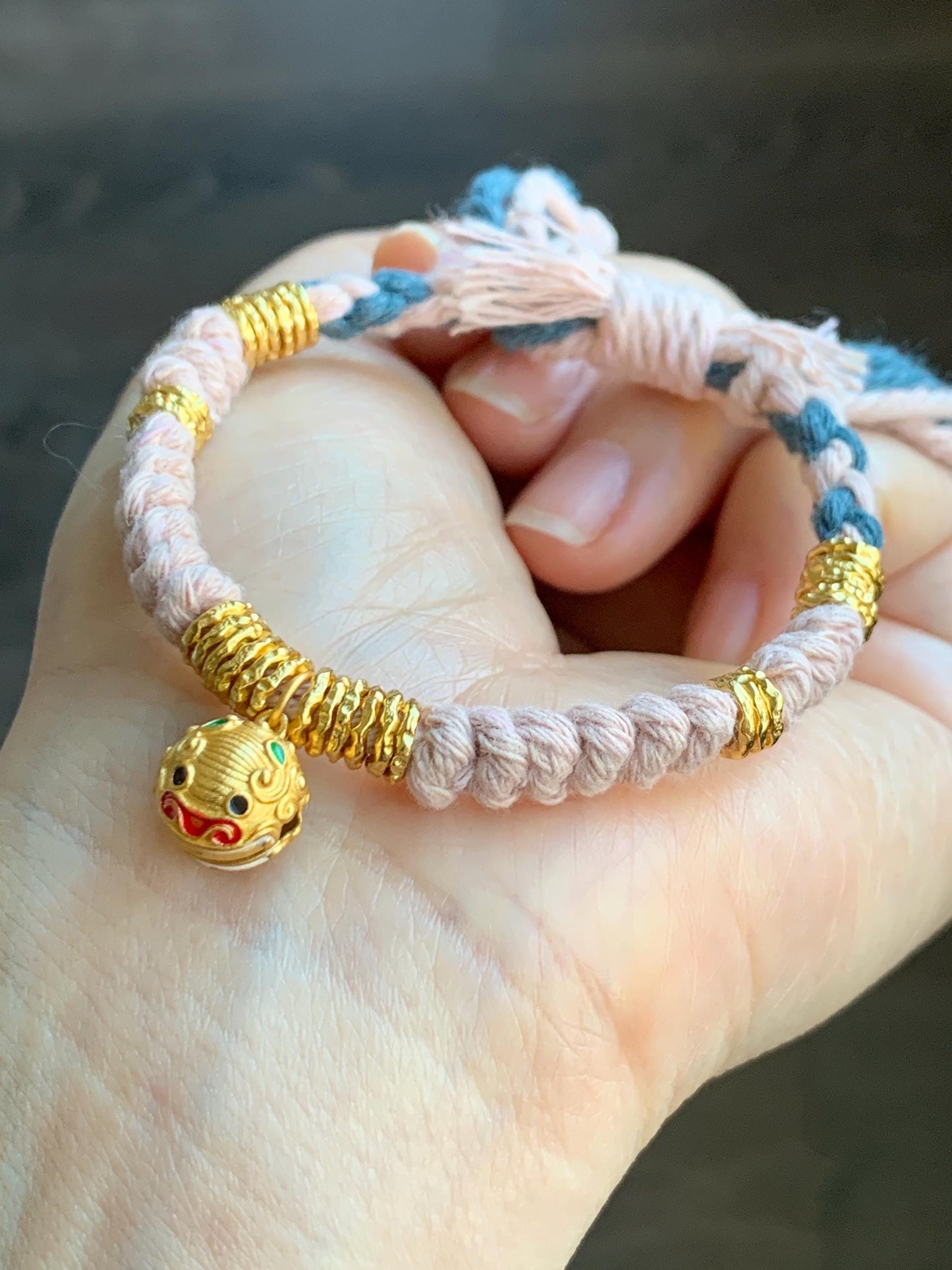 Sterling Silver Pan Chan Rings and Pixiu Charm Handcrafted Beaded Rope Fortune Bracelet Adjustable 6.75” 9g 纯银S925盘缠貔貅铃铛手工手绳