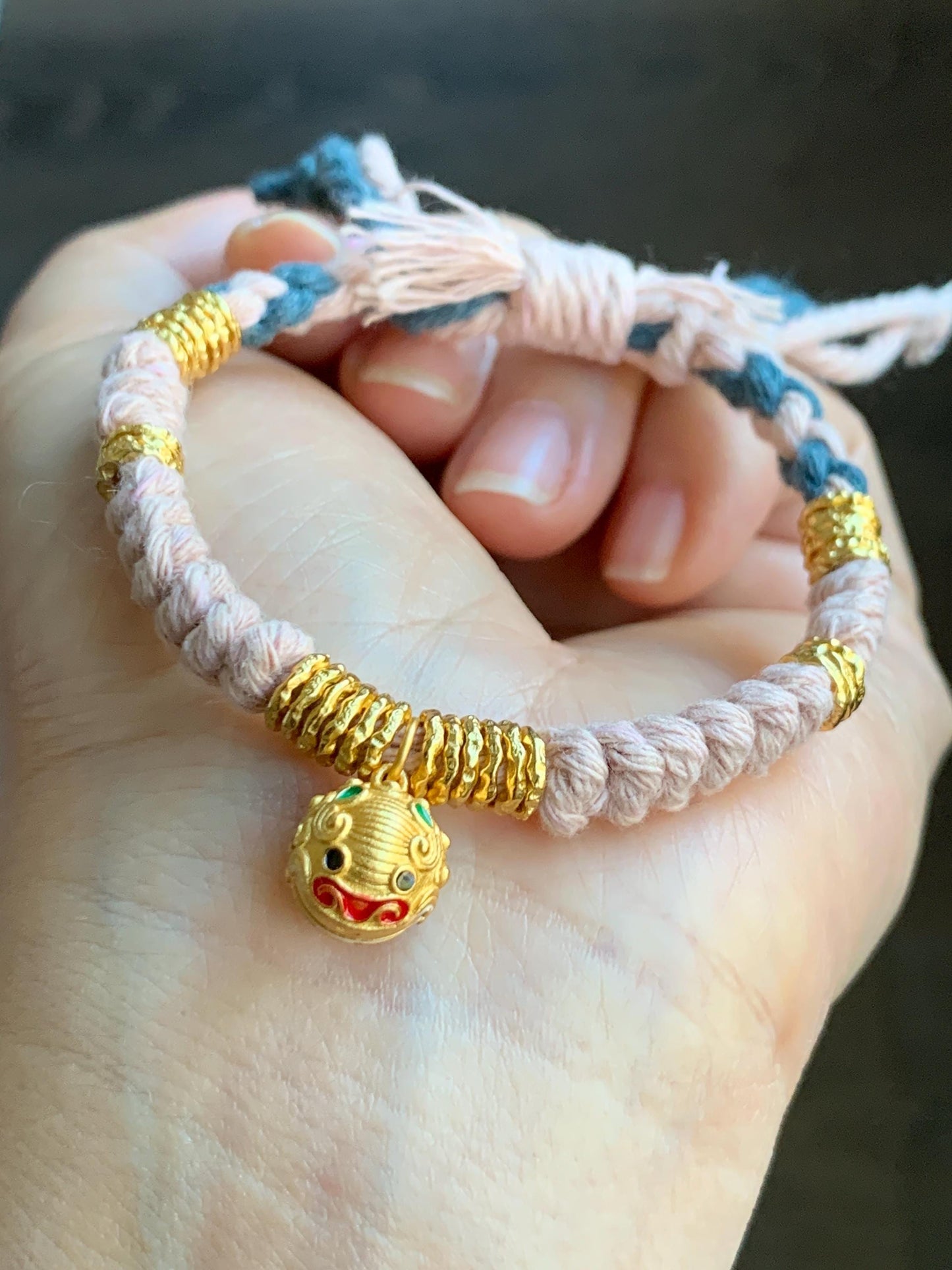 Sterling Silver Pan Chan Rings and Pixiu Charm Handcrafted Beaded Rope Fortune Bracelet Adjustable 6.75” 9g 纯银S925盘缠貔貅铃铛手工手绳