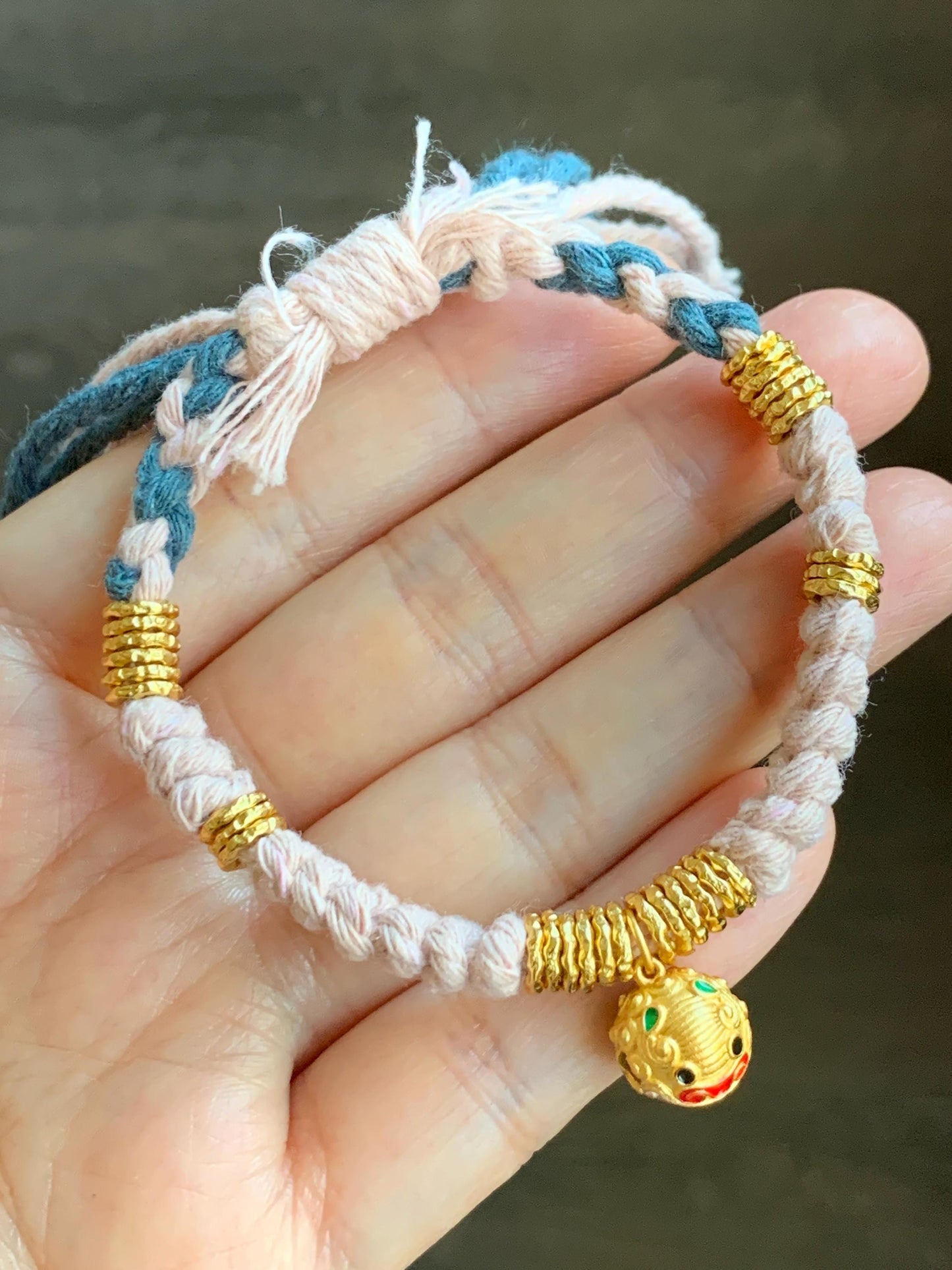 Sterling Silver Pan Chan Rings and Pixiu Charm Handcrafted Beaded Rope Fortune Bracelet Adjustable 6.75” 9g 纯银S925盘缠貔貅铃铛手工手绳