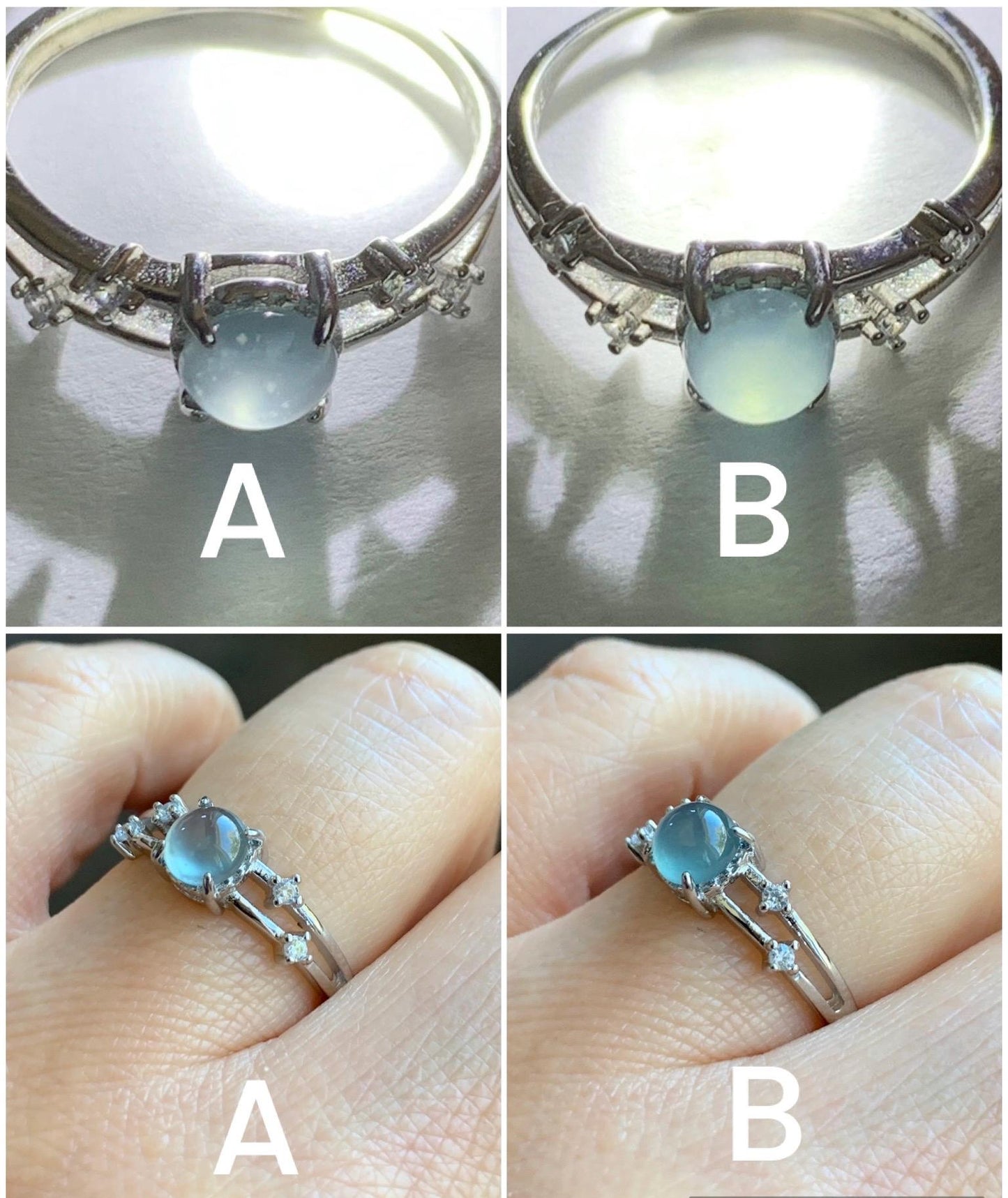 Natural Grade A Guatemalan Icy Highly Translucent Light Blue Jadeite Ring Sterling Silver Size 7 Adjustable 天然冰危淡蓝翡翠满天星开口银镶戒指 MTX130