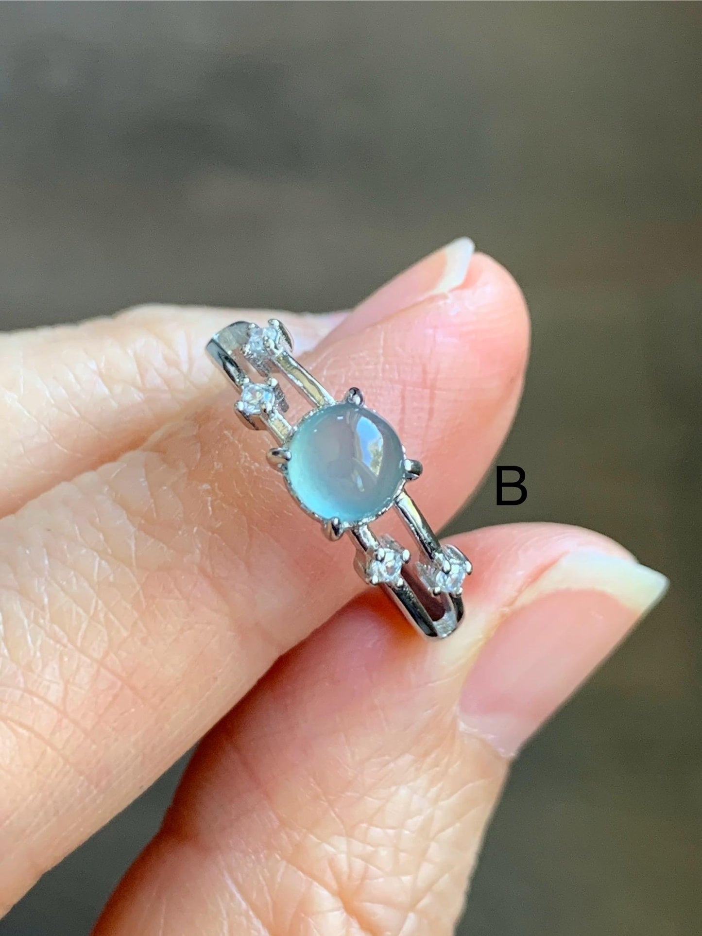 Natural Grade A Guatemalan Icy Highly Translucent Light Blue Jadeite Ring Sterling Silver Size 7 Adjustable 天然冰危淡蓝翡翠满天星开口银镶戒指 MTX130