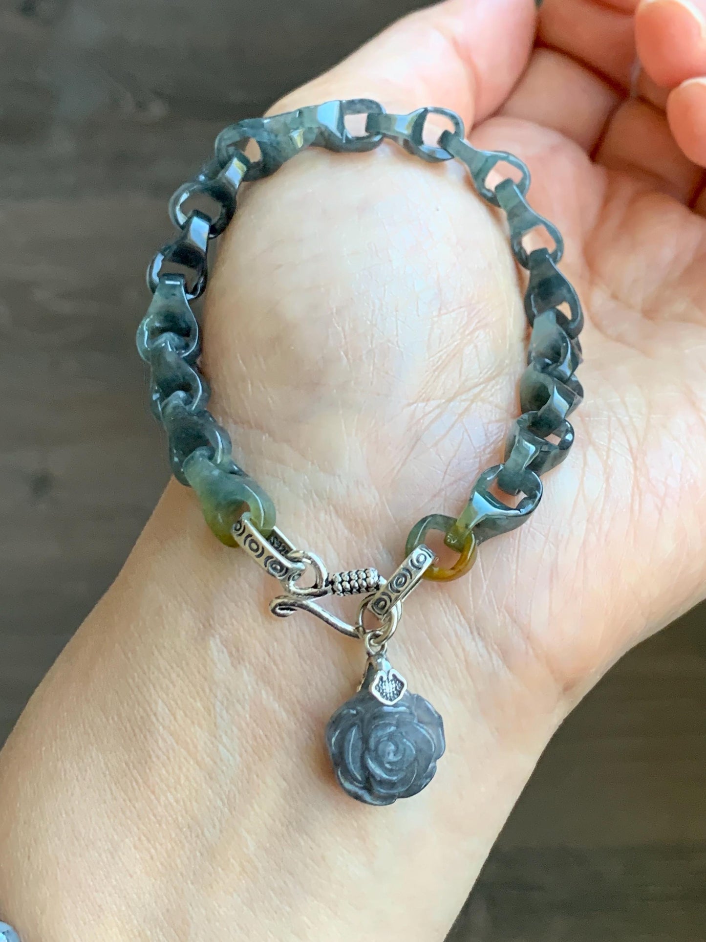 Certified Natural Grade A Icy Translucent Wuji Jadeite Interlocking Dragon Bone Link Chain Bracelet Sterling Silver 7.25" 天然冰胶乌鸡翡翠龙骨链手链 1129