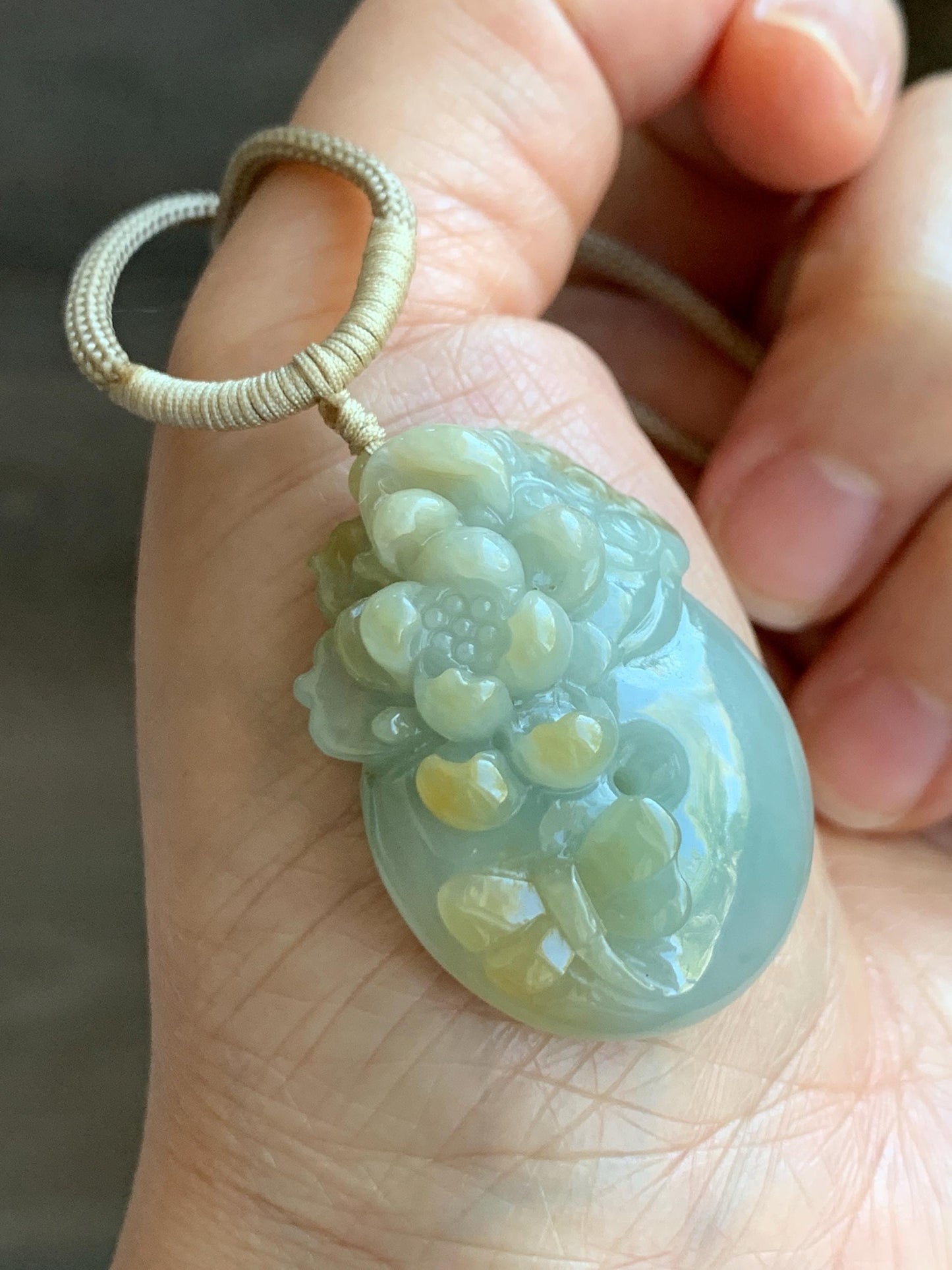 Natural Grade A Icy Translucent Pastel Blue Yellow Marbled Jadeite Lotus Flower Ping An Kou Donut Pendant Rope Necklace 天然冰浅蓝飘黄翡翠莲花莲蓬平安扣吊坠