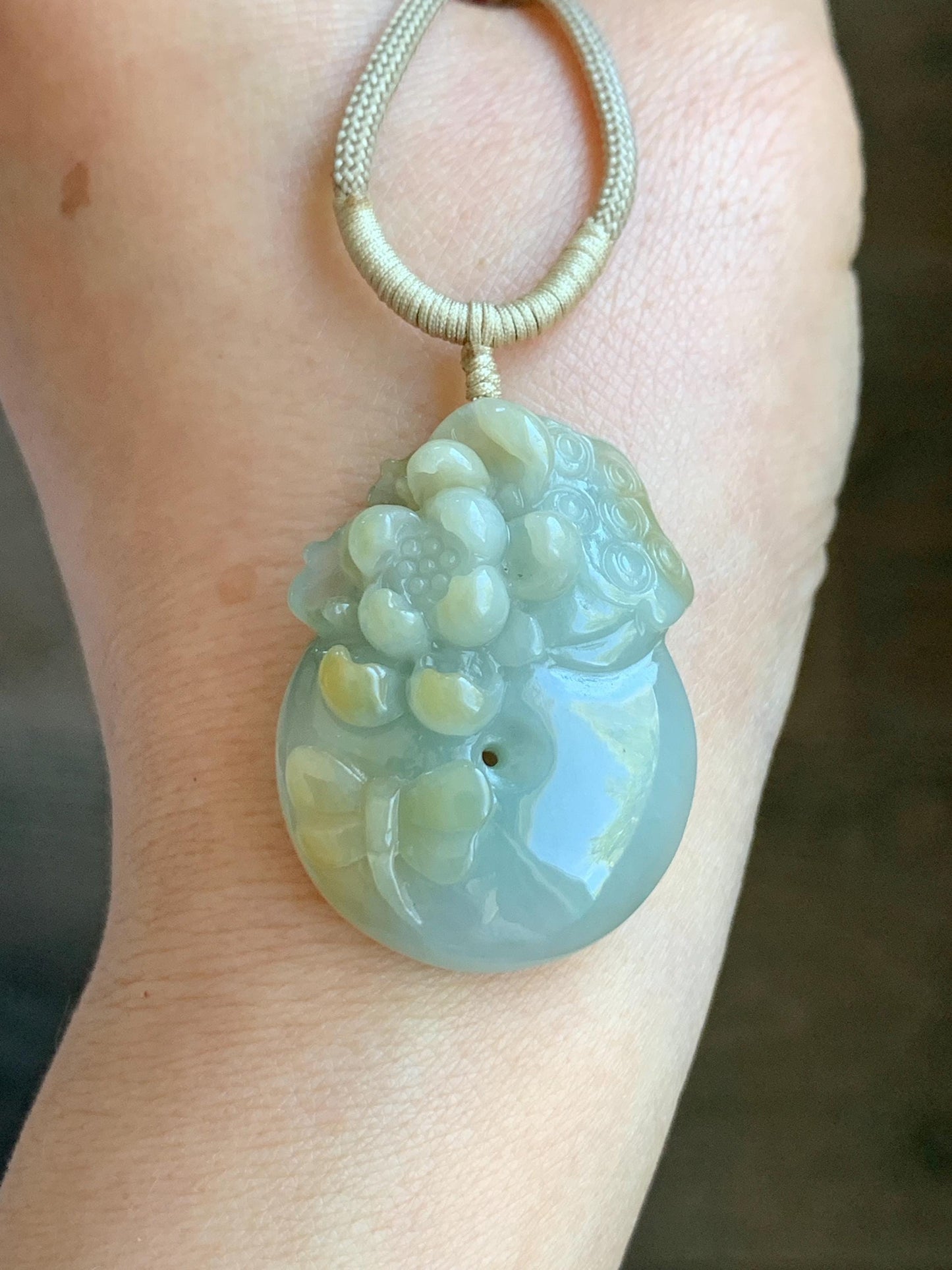 Natural Grade A Icy Translucent Pastel Blue Yellow Marbled Jadeite Lotus Flower Ping An Kou Donut Pendant Rope Necklace 天然冰浅蓝飘黄翡翠莲花莲蓬平安扣吊坠