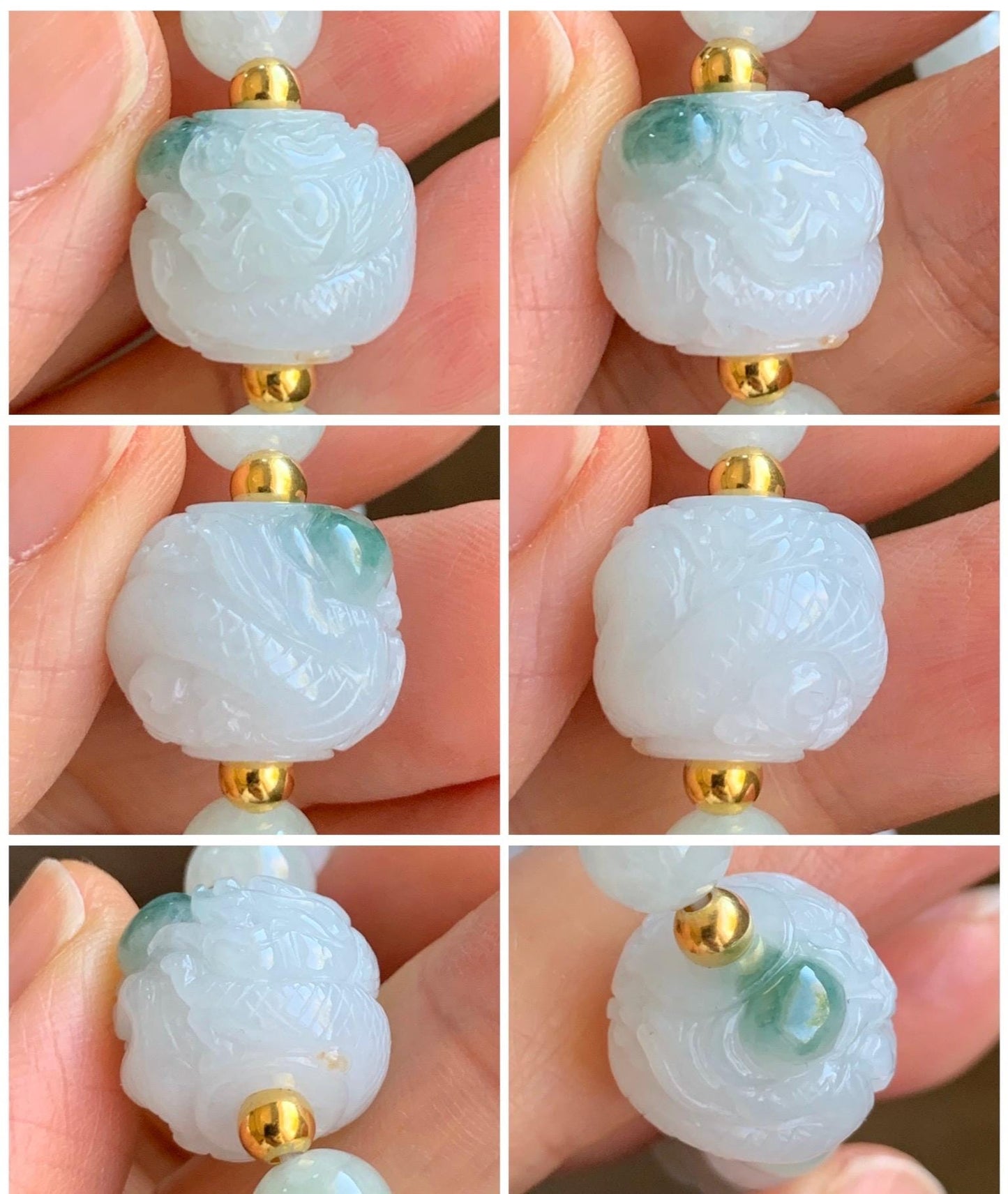Certified Natural Icy Translucent Green Marbled Jadeite Carved Dragon Bead Multicolored Beads Beaded Bracelet 6.5” 23g 天然冰胶飘花翡翠龙珠多宝珠手串 7836
