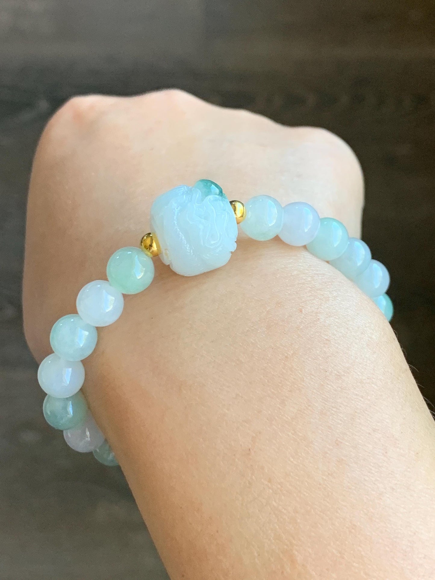 Certified Natural Icy Translucent Green Marbled Jadeite Carved Dragon Bead Multicolored Beads Beaded Bracelet 6.5” 23g 天然冰胶飘花翡翠龙珠多宝珠手串 7836
