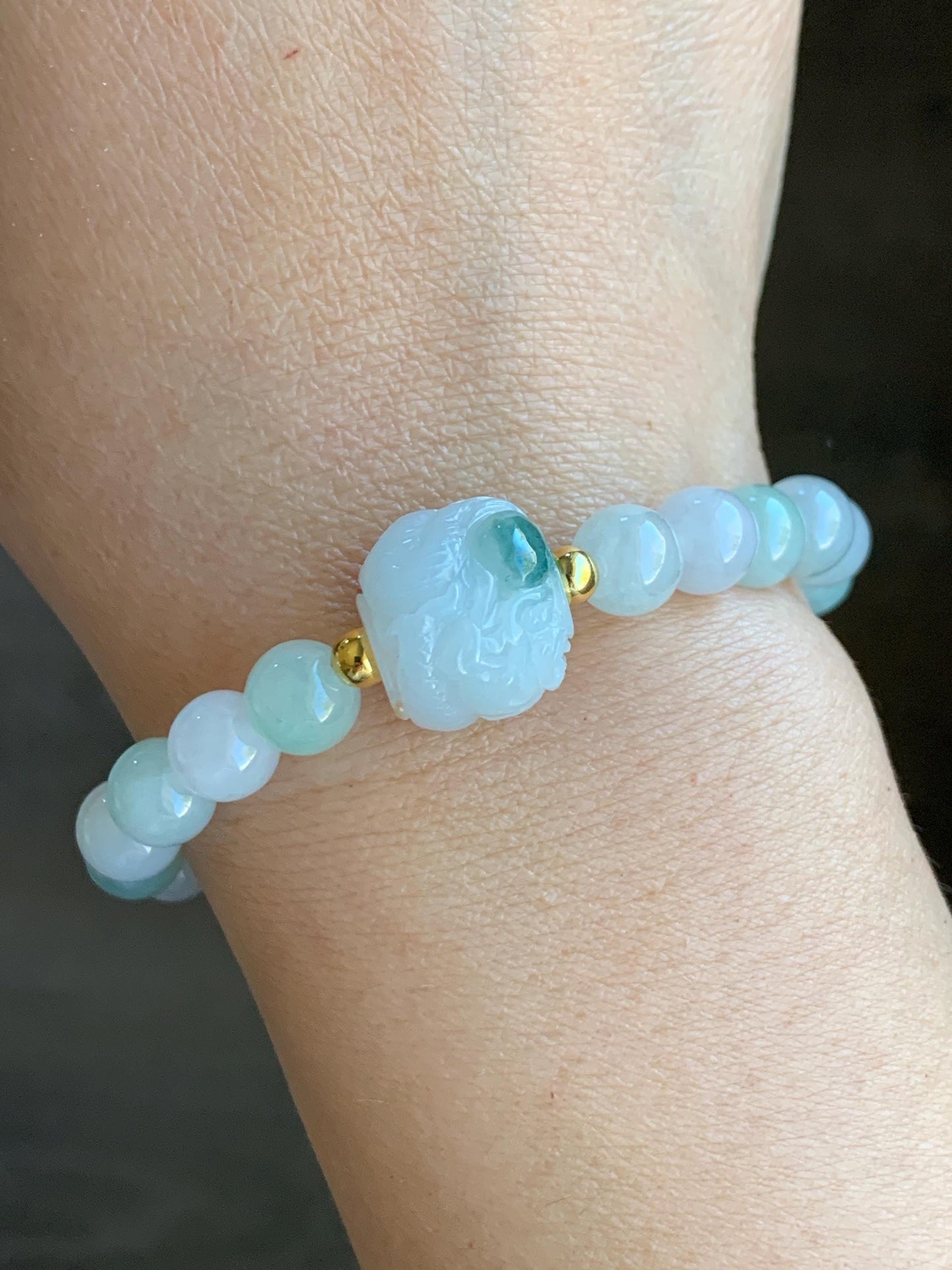 Certified Natural Icy Translucent Green Marbled Jadeite Carved Dragon Bead Multicolored Beads Beaded Bracelet 6.5” 23g 天然冰胶飘花翡翠龙珠多宝珠手串 7836