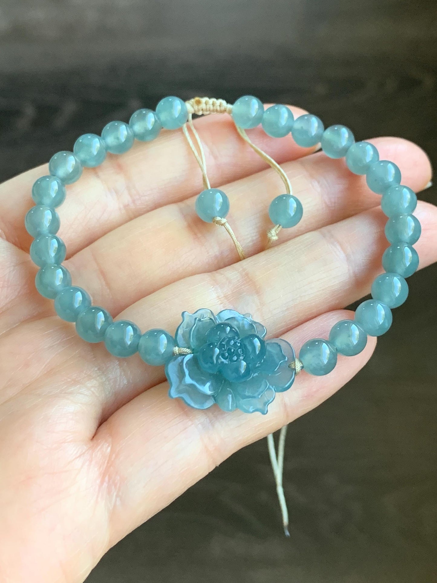 Natural Grade A Guatemalan Icy Highly Translucent Gelatinous Blue Jadeite Lotus Flower Beaded Bracelet 7” 13g 天然冰危蓝翡翠莲花圆珠手串 DLHH819