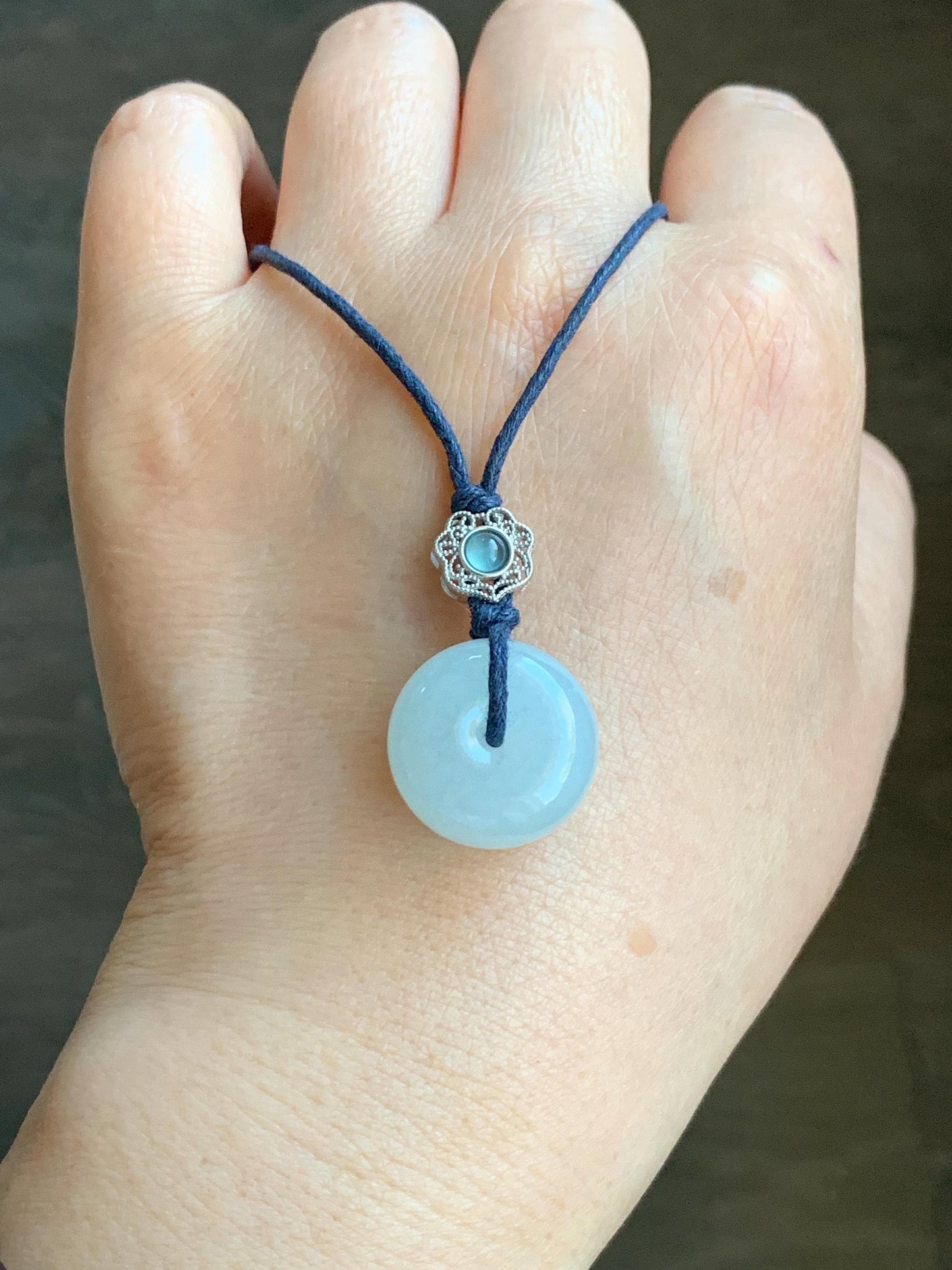 Certified Natural Grade A Icy Translucent Gelatinous Pastel Blue Jadeite Ping An Kou Donut Pendant Rope Necklace 24" 天然老种冰胶淡蓝翡翠平安扣吊坠 7837