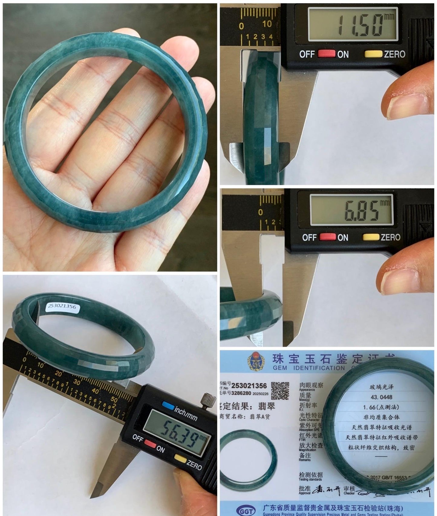 Certified Natural Grade A Guatemalan Icy Translucent Dark Blue Marbled Jadeite Faceted Bangle 56.3mm 11.5x6.8mm 43g 天然老种冰危深蓝翡翠正圈切割面手镯 1356