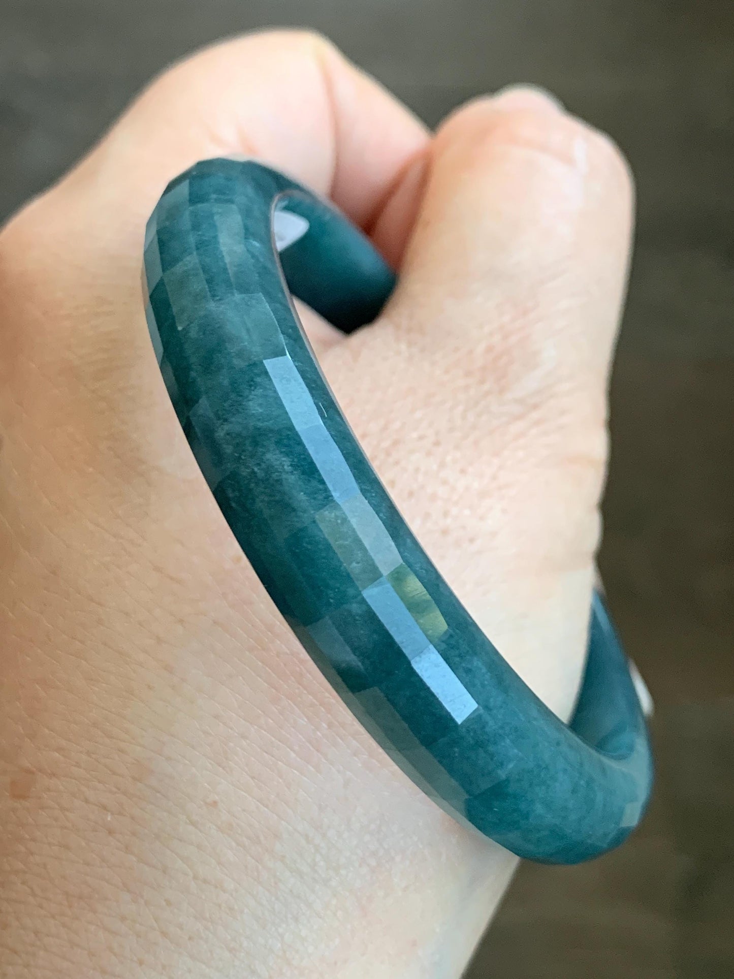 Certified Natural Grade A Guatemalan Icy Translucent Dark Blue Marbled Jadeite Faceted Bangle 56.3mm 11.5x6.8mm 43g 天然老种冰危深蓝翡翠正圈切割面手镯 1356