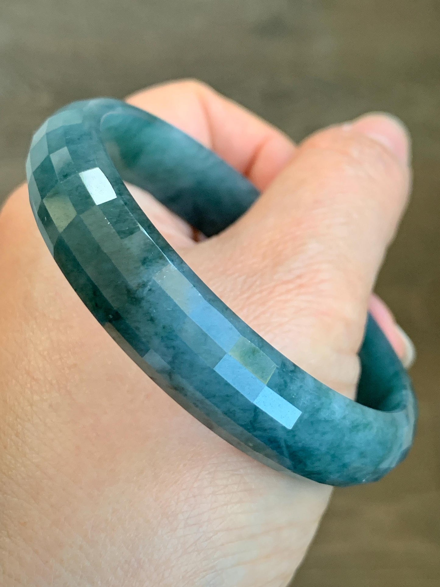 Certified Natural Grade A Guatemalan Icy Translucent Dark Blue Marbled Jadeite Faceted Bangle 56.8mm 12.6x5.9mm 38.4g 天然老种冰危深蓝翡翠正圈切割面手镯 1354