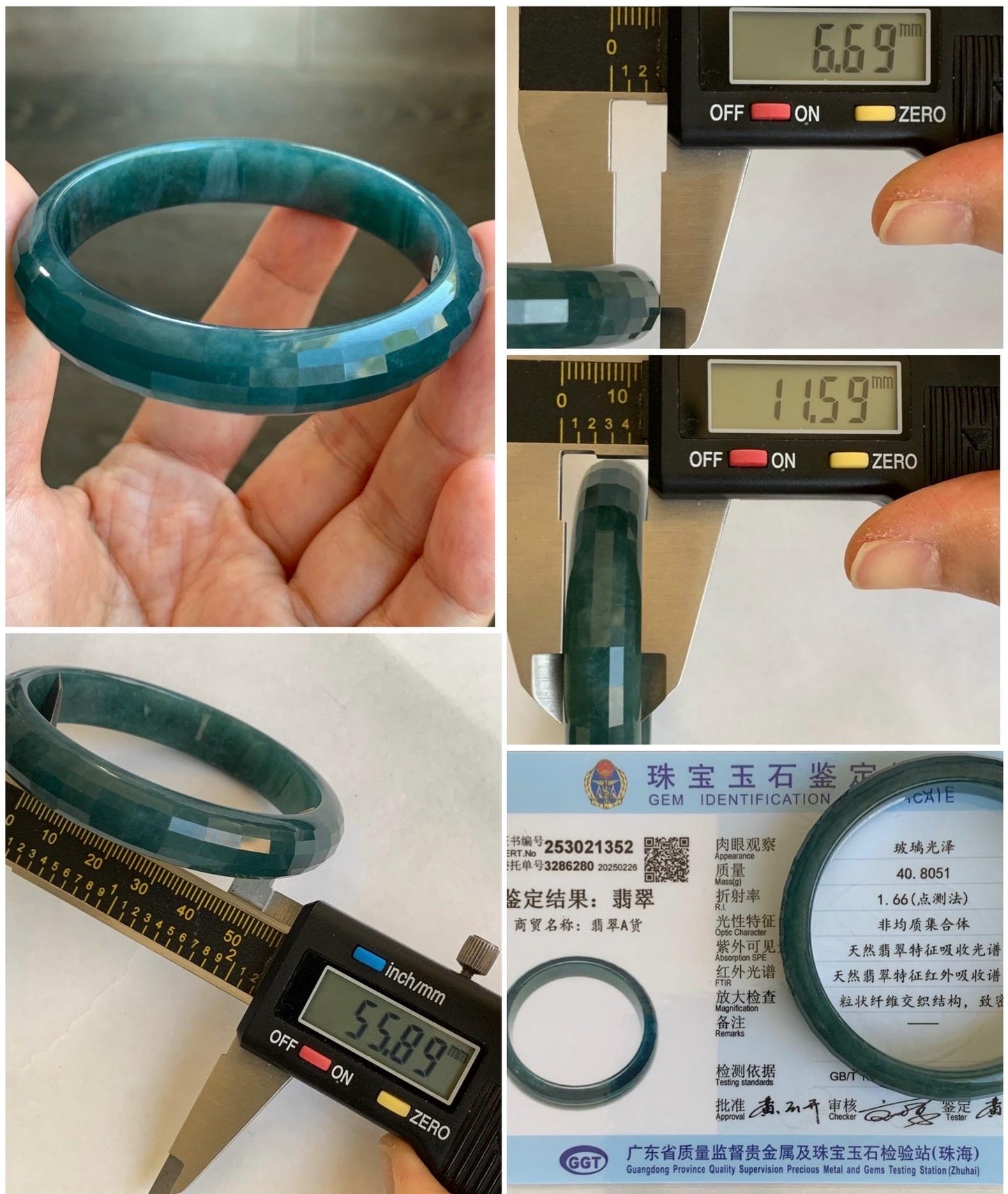 Certified Natural Grade A Guatemalan Icy Translucent Dark Blue Jadeite Faceted Bangle 55.89m 11.5x6.6mm 40.8g 天然老种冰危深蓝翡翠正圈切割面手镯 1352
