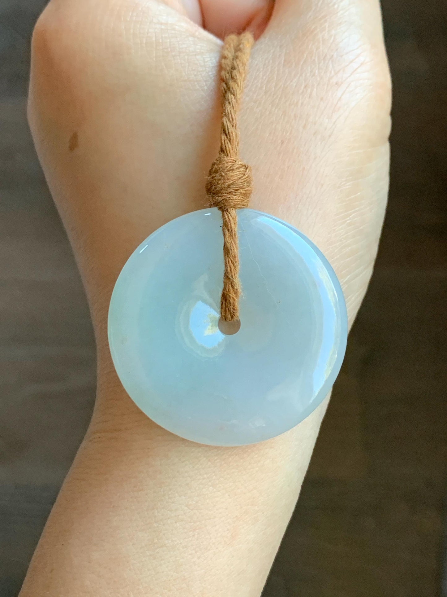 Natural Grade A Icy Translucent Gelatinous Pastel Blue Jadeite Large Ping An Kou Donut Pendant Rope Necklace 25” 23g 天然冰胶蓝底撒金翡翠平安扣吊坠 XFR330