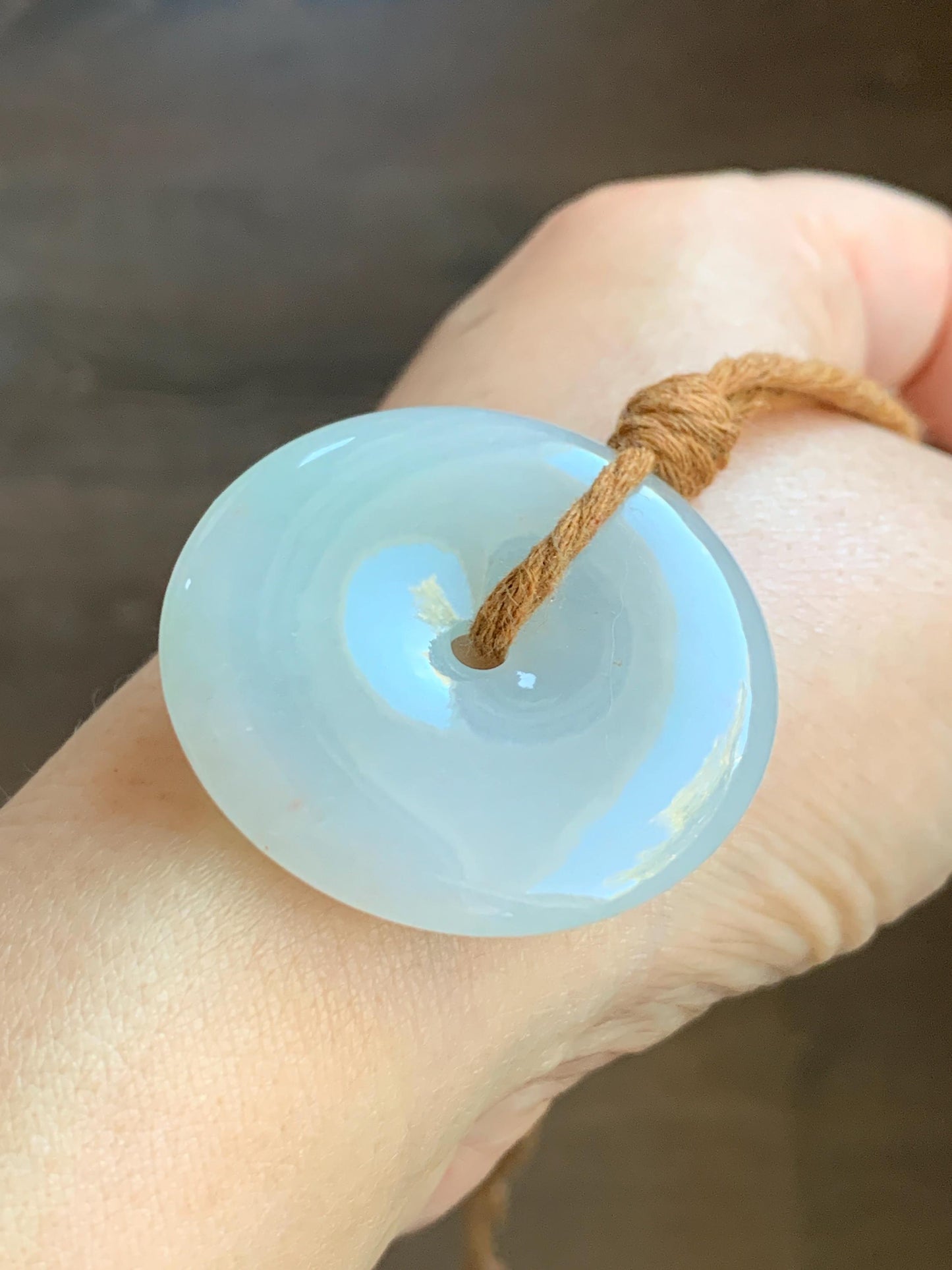 Natural Grade A Icy Translucent Gelatinous Pastel Blue Jadeite Large Ping An Kou Donut Pendant Rope Necklace 25” 23g 天然冰胶蓝底撒金翡翠平安扣吊坠 XFR330