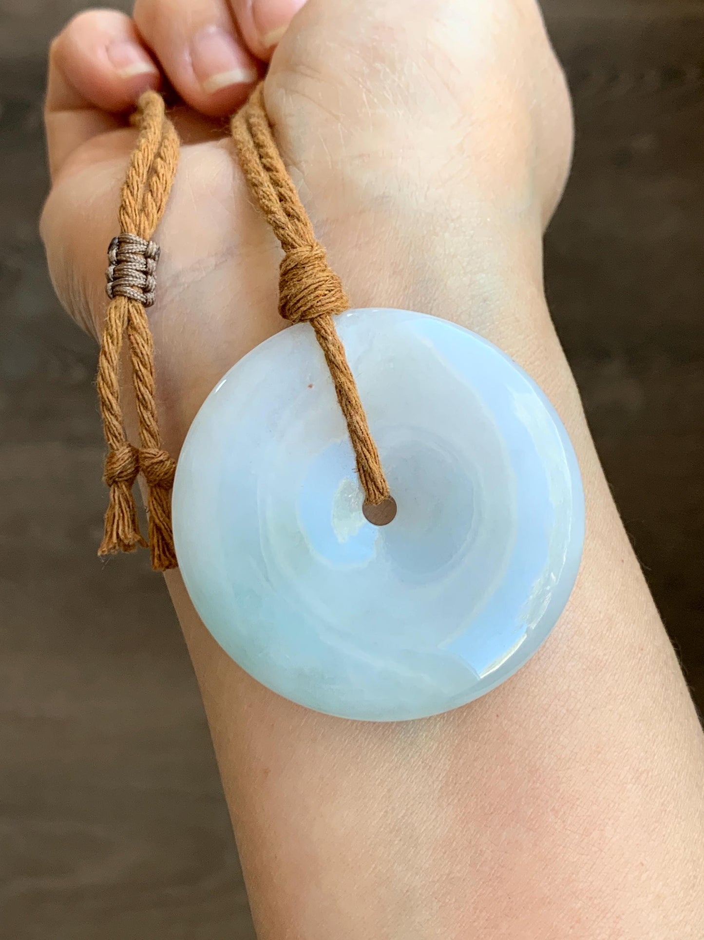 Natural Grade A Icy Translucent Gelatinous Pastel Blue Jadeite Large Ping An Kou Donut Pendant Rope Necklace 25” 34g 天然冰胶蓝底撒金翡翠平安扣吊坠 DFR330