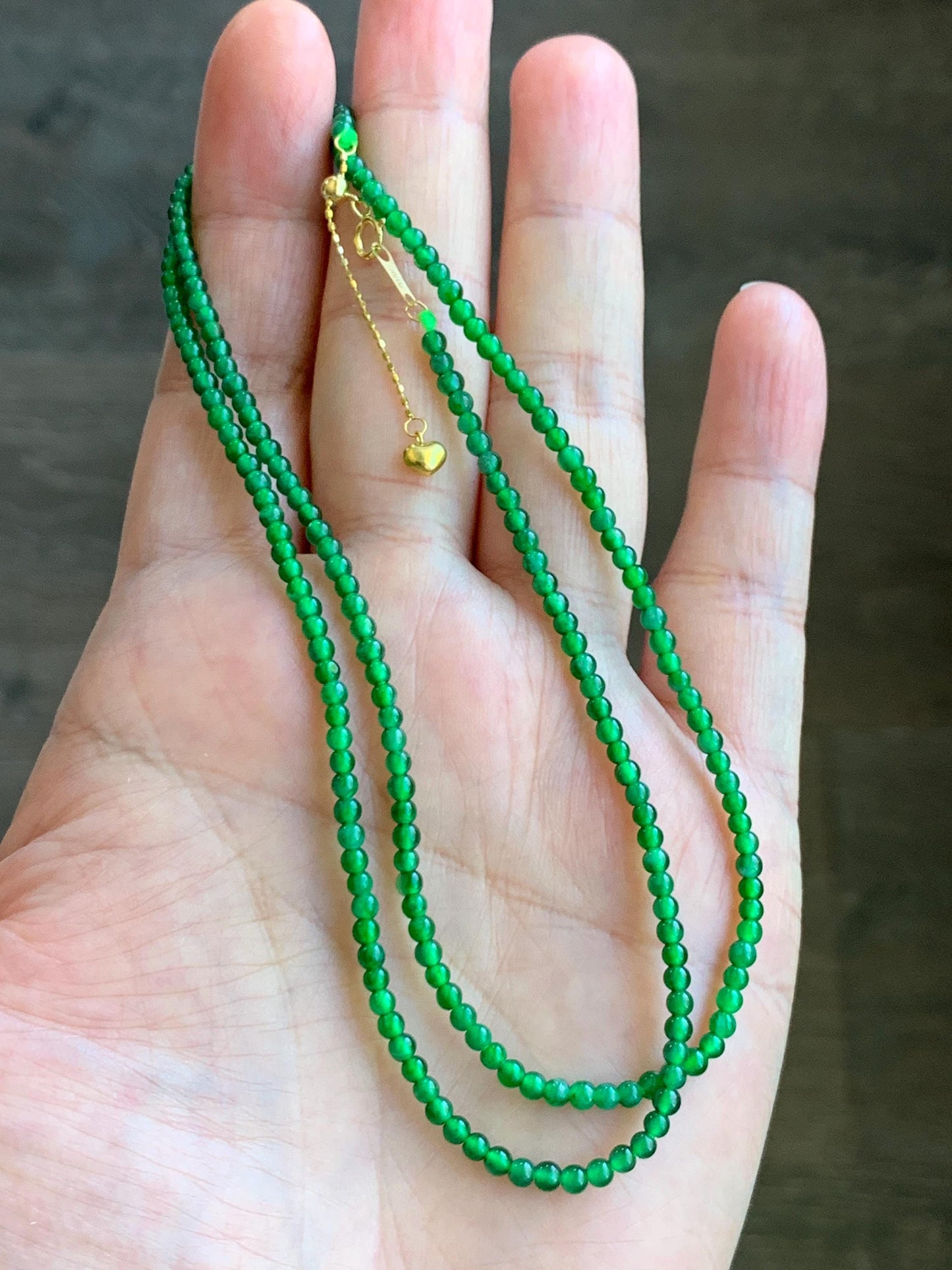 Natural Grade A Guatemalan Icy Translucent Vibrant Green Jadeite Petite Beaded Necklace 18K Yellow Gold 20.75” 6g 天然冰危阳绿翡翠小卡圆珠项链K金扣头 WYL500