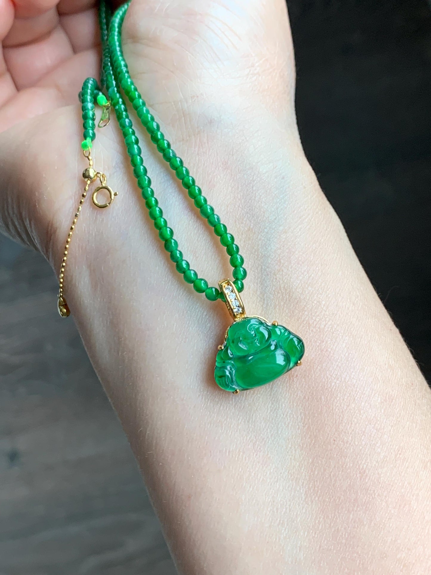 Natural Grade A Guatemalan Icy Translucent Vibrant Green Jadeite Petite Beaded Necklace 18K Yellow Gold 20.75” 6g 天然冰危阳绿翡翠小卡圆珠项链K金扣头 WYL500