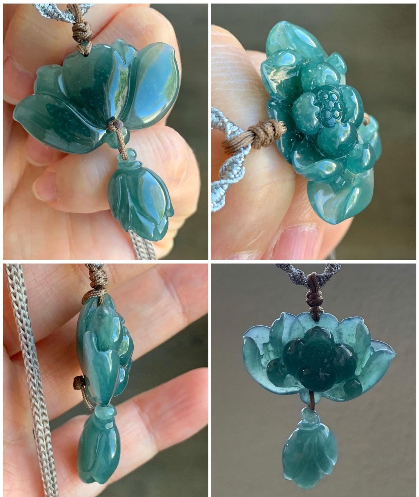 Natural Grade A Guatemalan Icy Translucent Dark Teal Green Jadeite Lotus Flower Pendant Rope Necklace Adjustable 24” 14g 天然冰危深蓝绿翡翠莲花花苞吊坠挂件 A