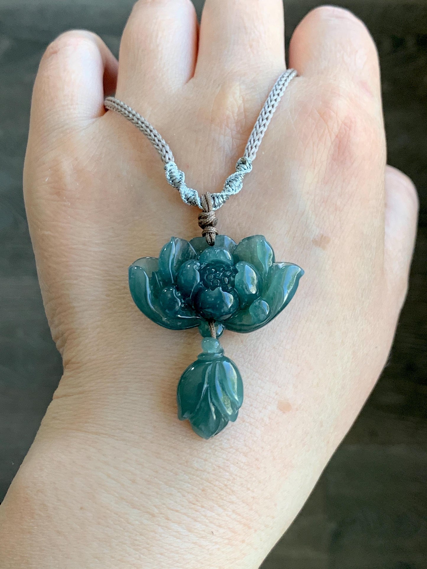 Natural Grade A Guatemalan Icy Translucent Dark Teal Green Jadeite Lotus Flower Pendant Rope Necklace Adjustable 24” 14g 天然冰危深蓝绿翡翠莲花花苞吊坠挂件 A