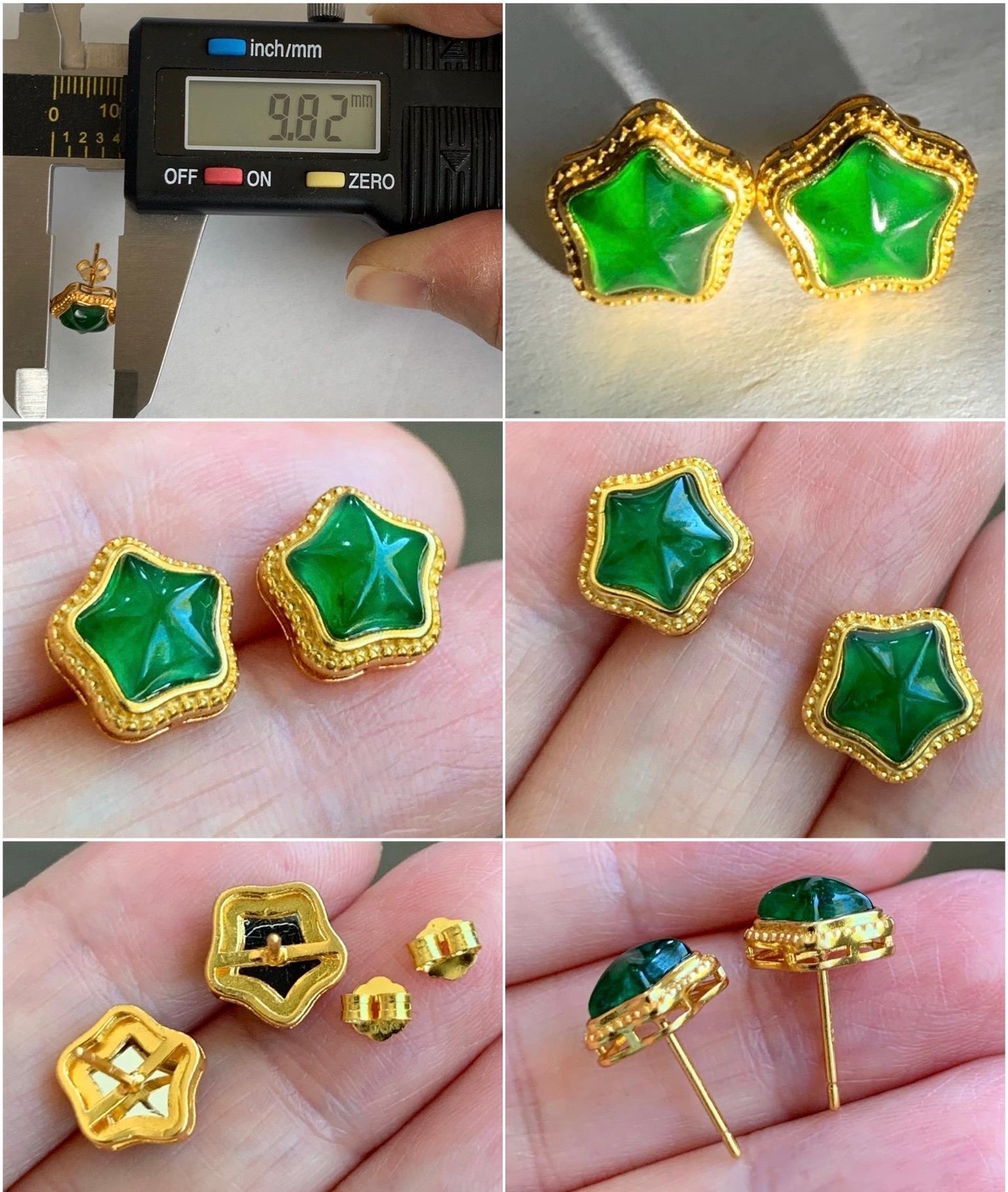 Natural Grade A Guatemalan Icy Translucent Vibrant Green Jadeite Star Stud Earrings Sterling Silver Yellow Gold Overlay 天然冰危绿翡翠星星银耳钉 XWX120