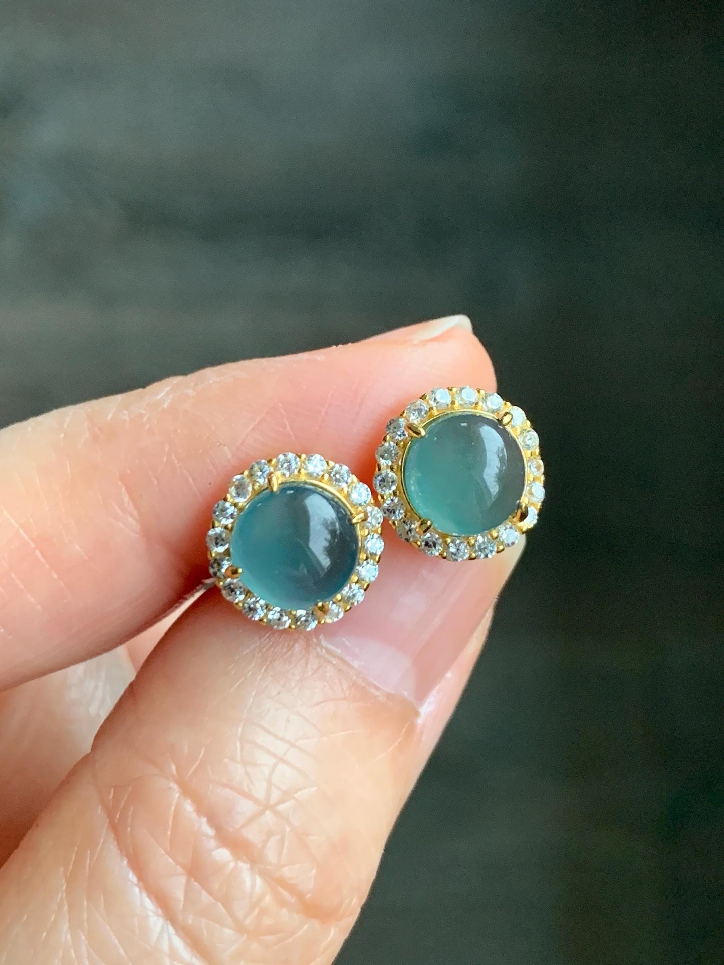 Natural Grade A Guatemalan Icy Translucent Dark Teal Blue Jadeite Halo Style Stud Earrings Sterling Silver YG Overlay 天然冰危深蓝绿翡翠银镶耳钉 WLH88