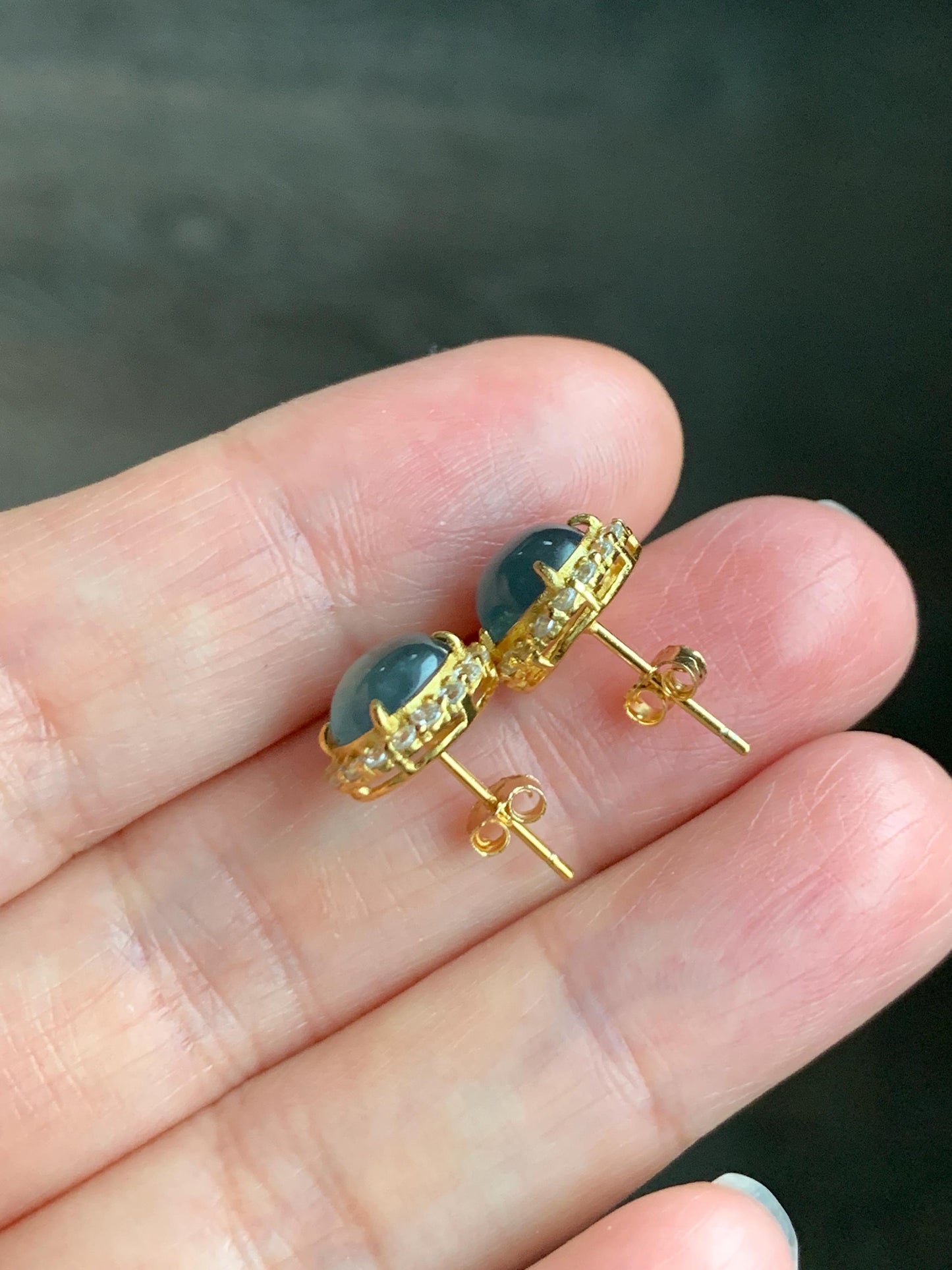 Natural Grade A Guatemalan Icy Translucent Dark Teal Blue Jadeite Halo Style Stud Earrings Sterling Silver YG Overlay 天然冰危深蓝绿翡翠银镶耳钉 WLH88