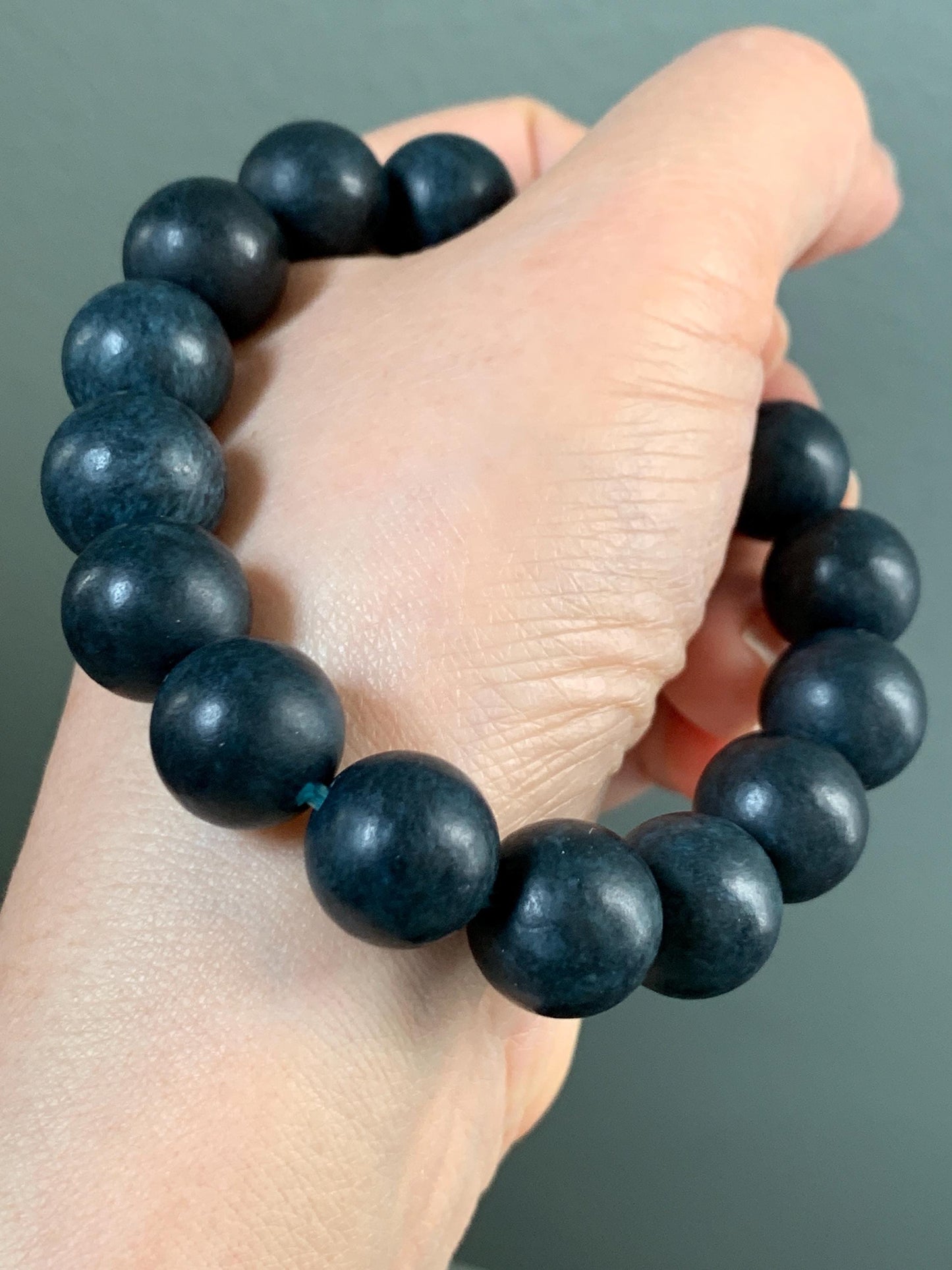 Natural Grade A Opaque Dark Midnight Blue Jadeite Large Round Beads Matte Beaded Bracelet Stretchy 13.6mm 8" 66g 天然A货深牛仔蓝翡翠哑光大卡圆珠手串 MLMS280