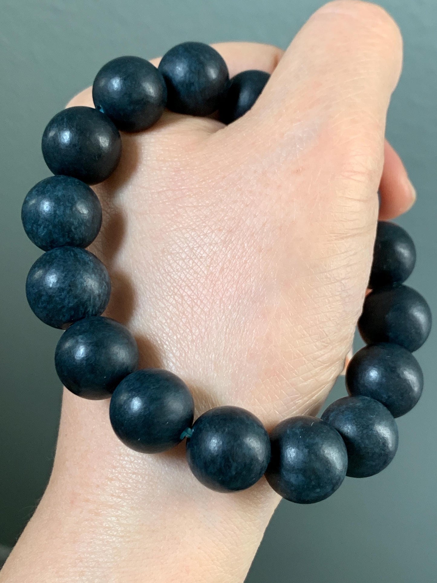 Natural Grade A Opaque Dark Midnight Blue Jadeite Large Round Beads Matte Beaded Bracelet Stretchy 13.6mm 8" 66g 天然A货深牛仔蓝翡翠哑光大卡圆珠手串 MLMS280