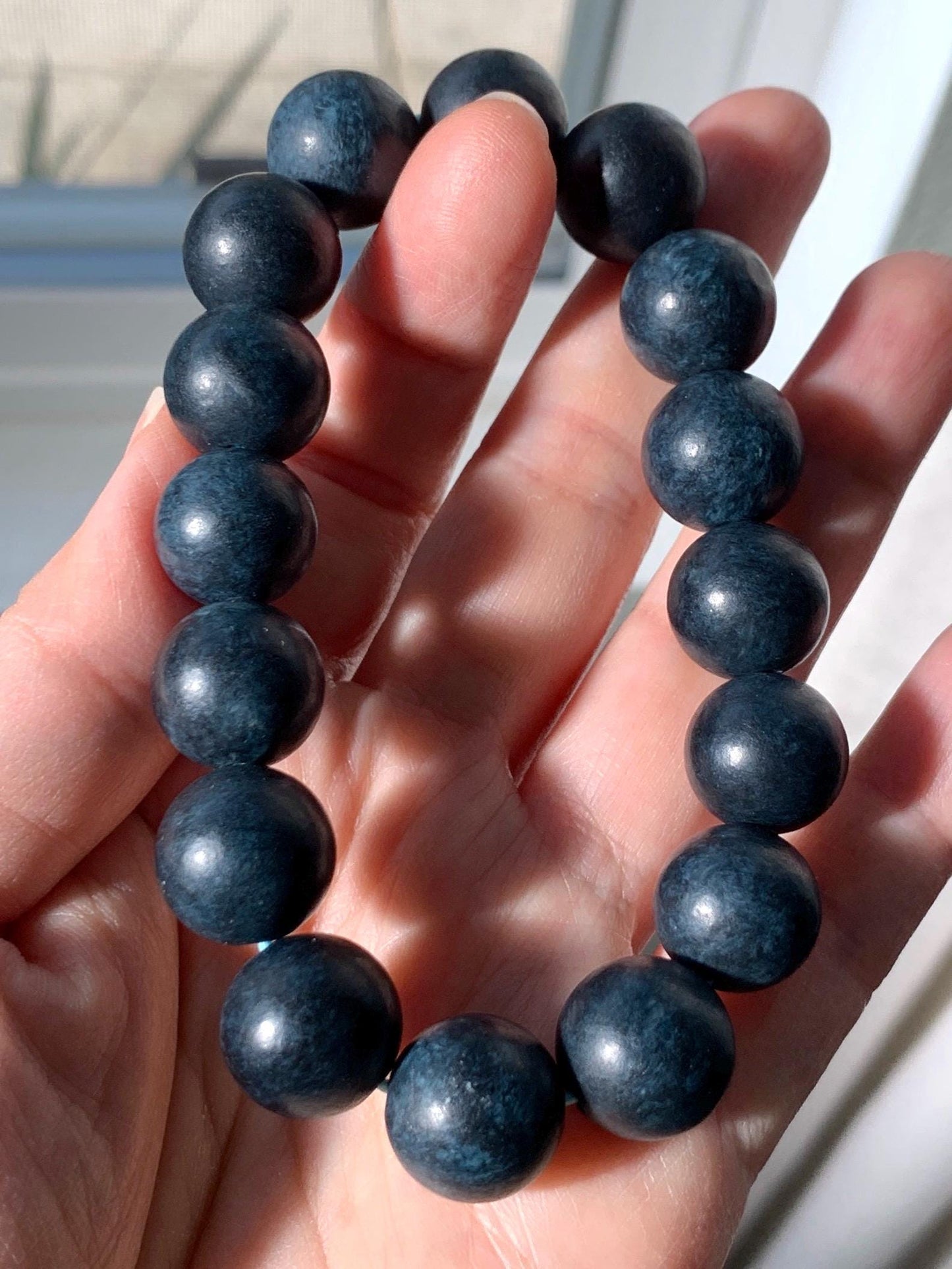 Natural Grade A Opaque Dark Midnight Blue Jadeite Large Round Beads Matte Beaded Bracelet Stretchy 13.6mm 8" 66g 天然A货深牛仔蓝翡翠哑光大卡圆珠手串 MLMS280