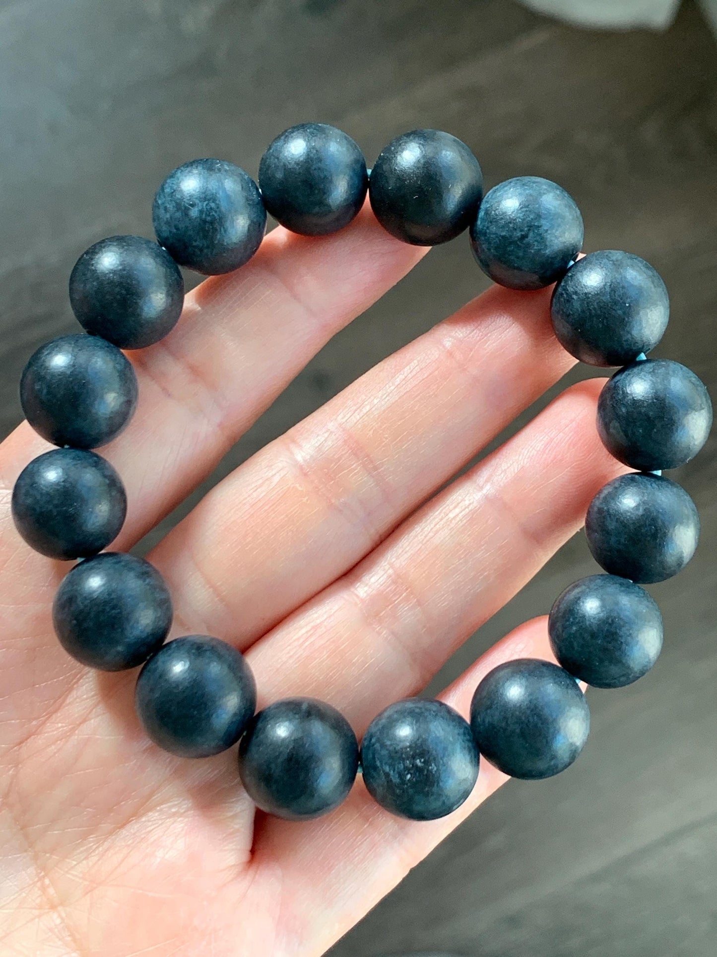 Natural Grade A Opaque Dark Midnight Blue Jadeite Large Round Beads Matte Beaded Bracelet Stretchy 13.6mm 8" 66g 天然A货深牛仔蓝翡翠哑光大卡圆珠手串 MLMS280