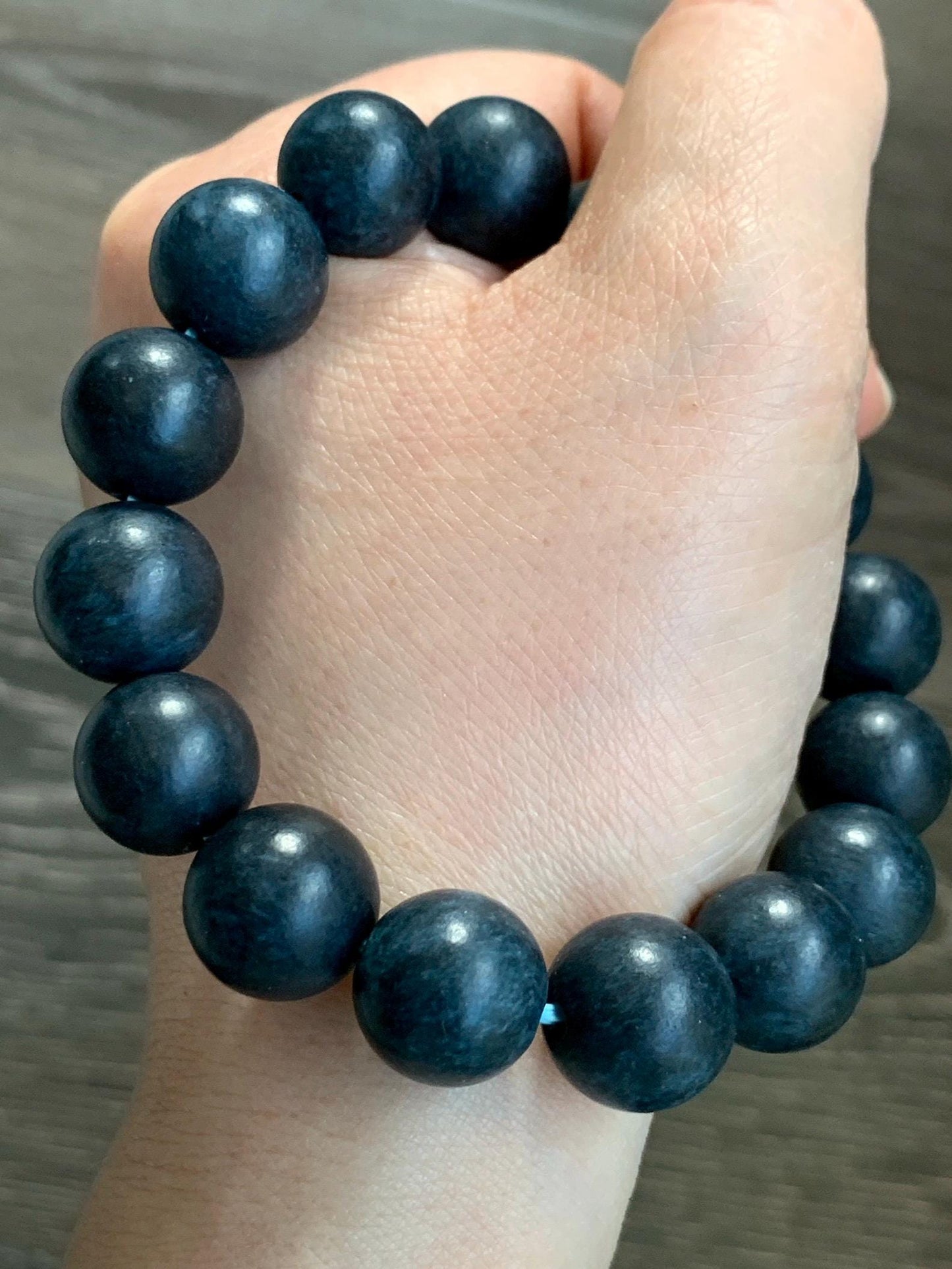 Natural Grade A Opaque Dark Midnight Blue Jadeite Large Round Beads Matte Beaded Bracelet Stretchy 13.6mm 8" 66g 天然A货深牛仔蓝翡翠哑光大卡圆珠手串 MLMS280