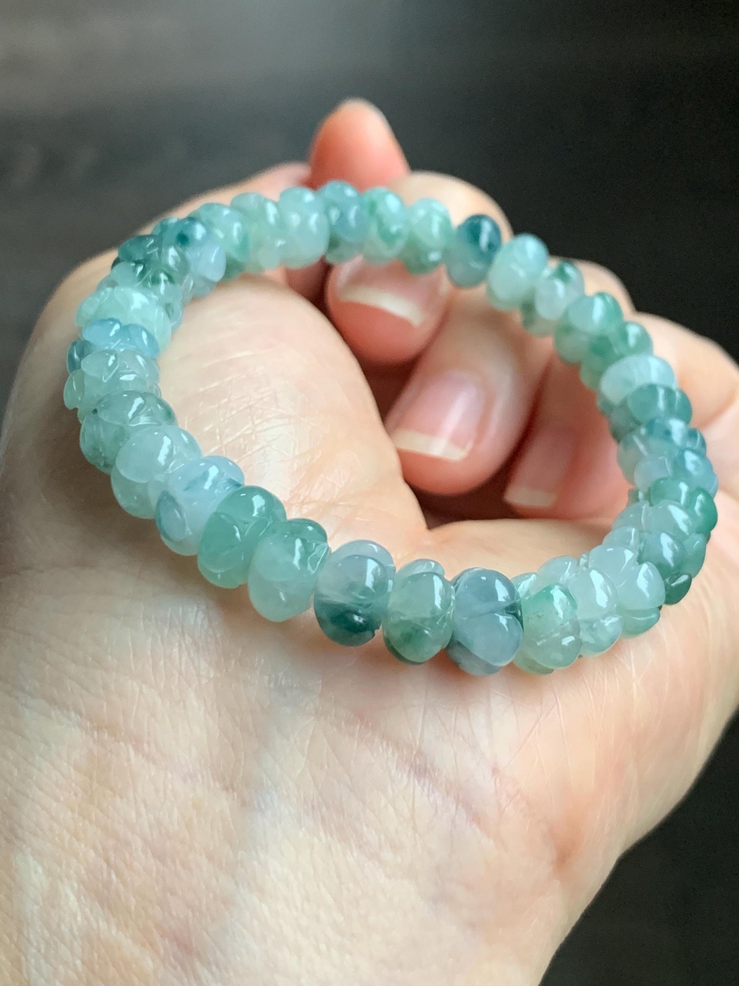 Certified Natural Grade A Icy Translucent Teal Green Marbled Jadeite Carved Lotus Flower beads Beaded Bracelet 6.25” 21g 天然冰胶飘蓝花翡翠莲花珠手串 1127