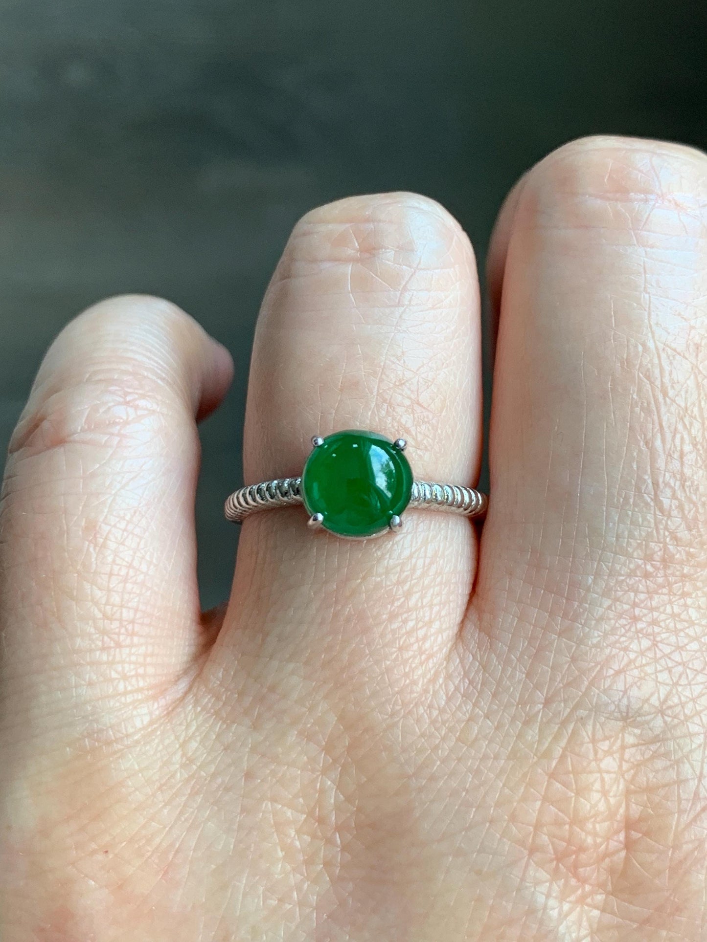 Natural Grade A Guatemalan Icy Translucent Vibrant Green Jadeite Solitaire Style Ring Sterling Silver Size Adjustable 天然冰危绿翡翠银镶戒指 XZJ88