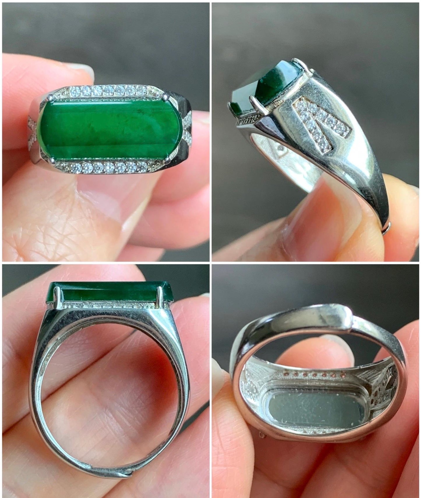 Natural Grade A Guatemalan Icy Translucent Vibrant Green Jadeite Saddle Ring Sterling Silver Size 9.5 US Adjustable 天然冰危绿翡翠马鞍银镶戒指 MAC220