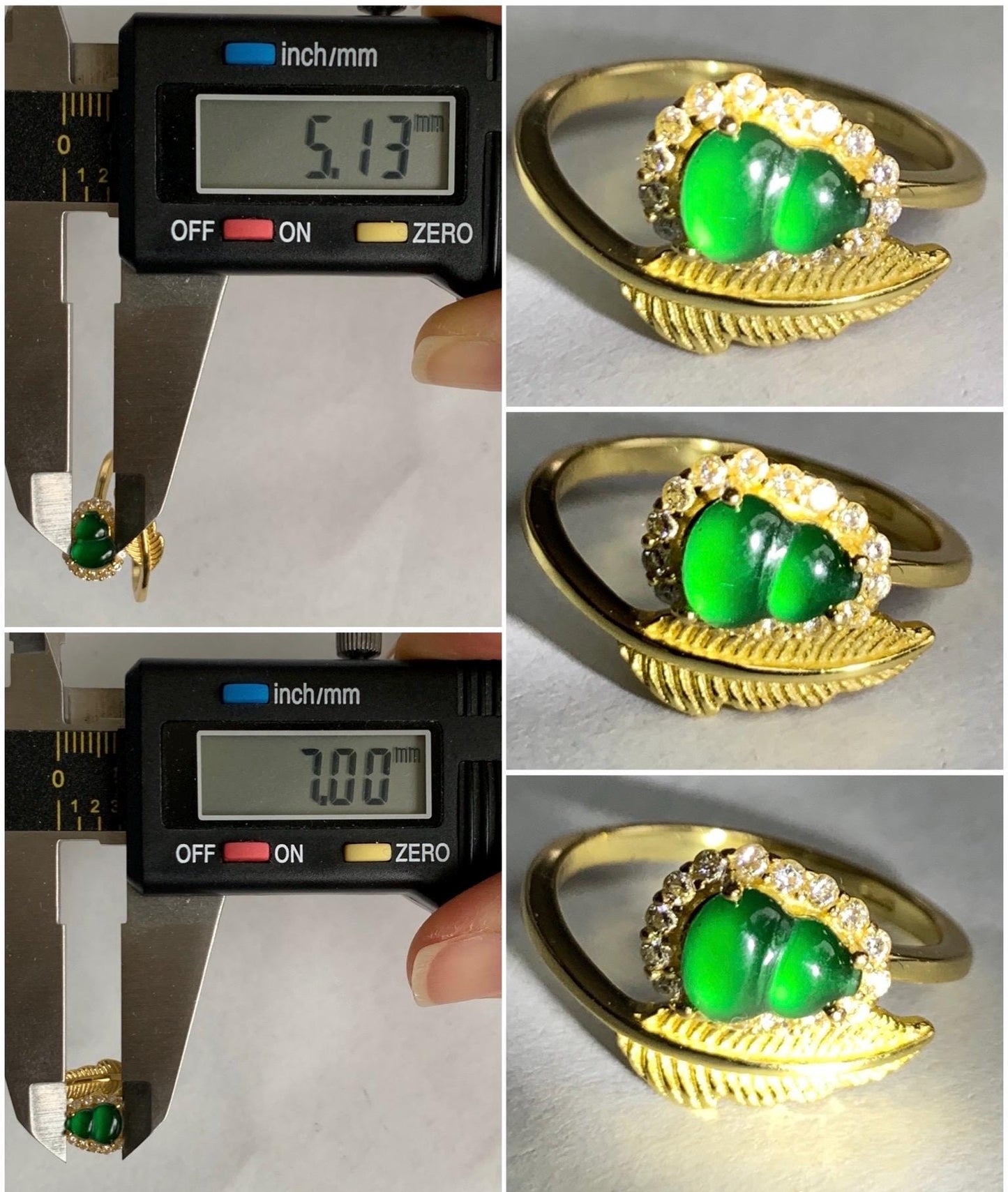 Natural Grade A Guatemalan Icy Translucent Intense Green Jadeite Hulu Gourd Ring Sterling Silver Yellow Gold Finish 天然冰危绿翡翠葫芦银镶戒指 JHL66