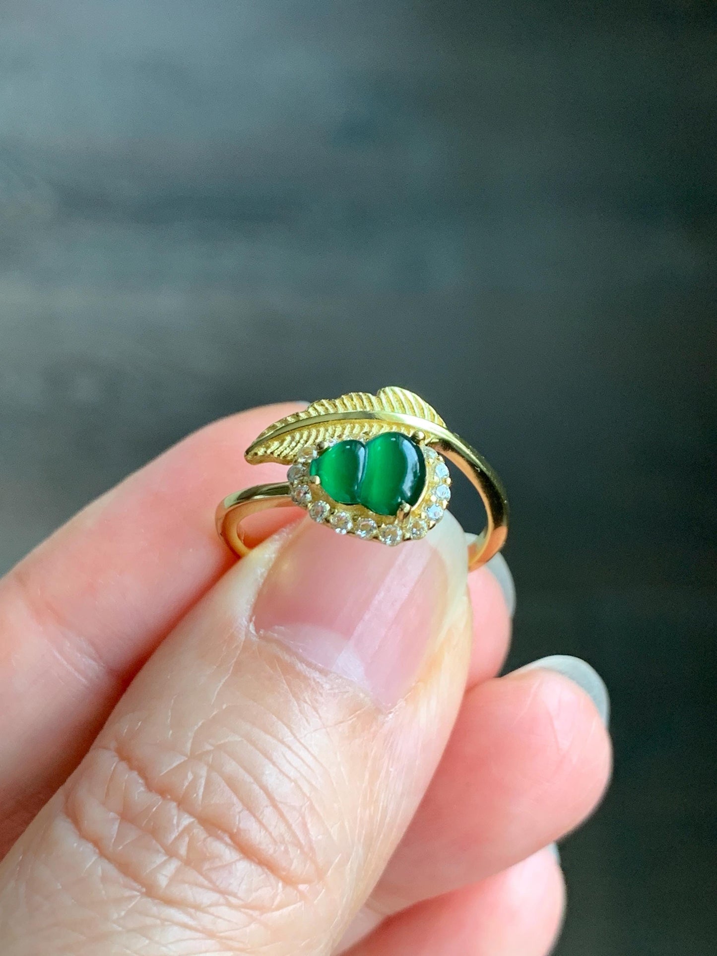 Natural Grade A Guatemalan Icy Translucent Intense Green Jadeite Hulu Gourd Ring Sterling Silver Yellow Gold Finish 天然冰危绿翡翠葫芦银镶戒指 JHL66