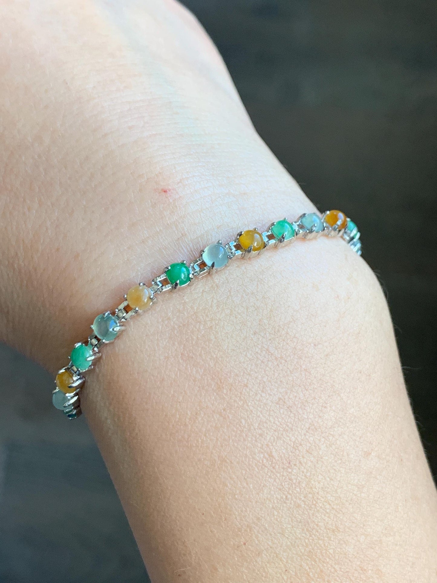 Certified Natural Grade A Icy Translucent Multicolored Jadeite Link Chain Style Bracelet Sterling Silver 6.25”-7.5” 4.3g 天然冰多宝翡翠银镶手链 1150