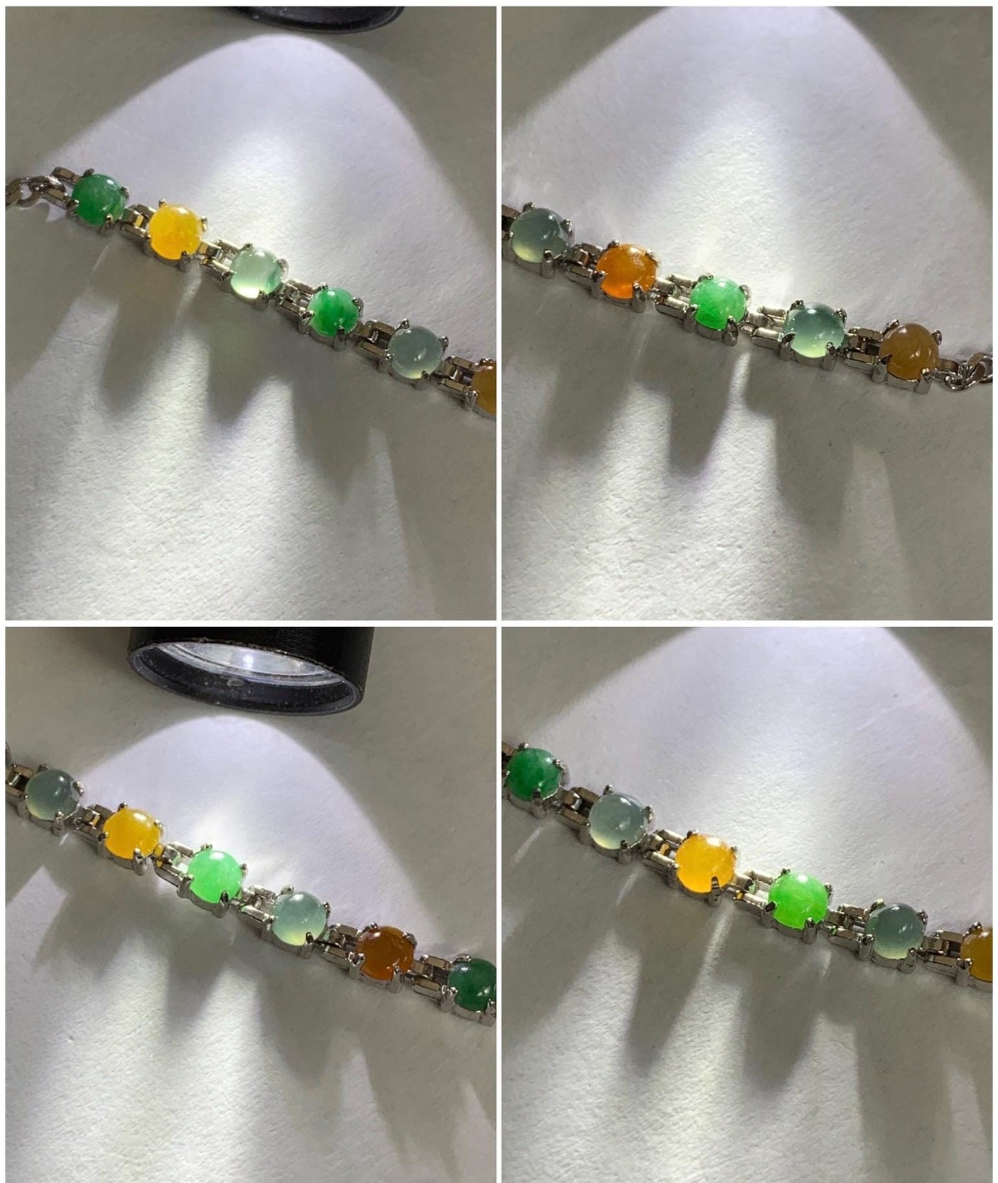 Certified Natural Grade A Icy Translucent Multicolored Jadeite Link Chain Style Bracelet Sterling Silver 6.25”-7.5” 4.3g 天然冰多宝翡翠银镶手链 1151