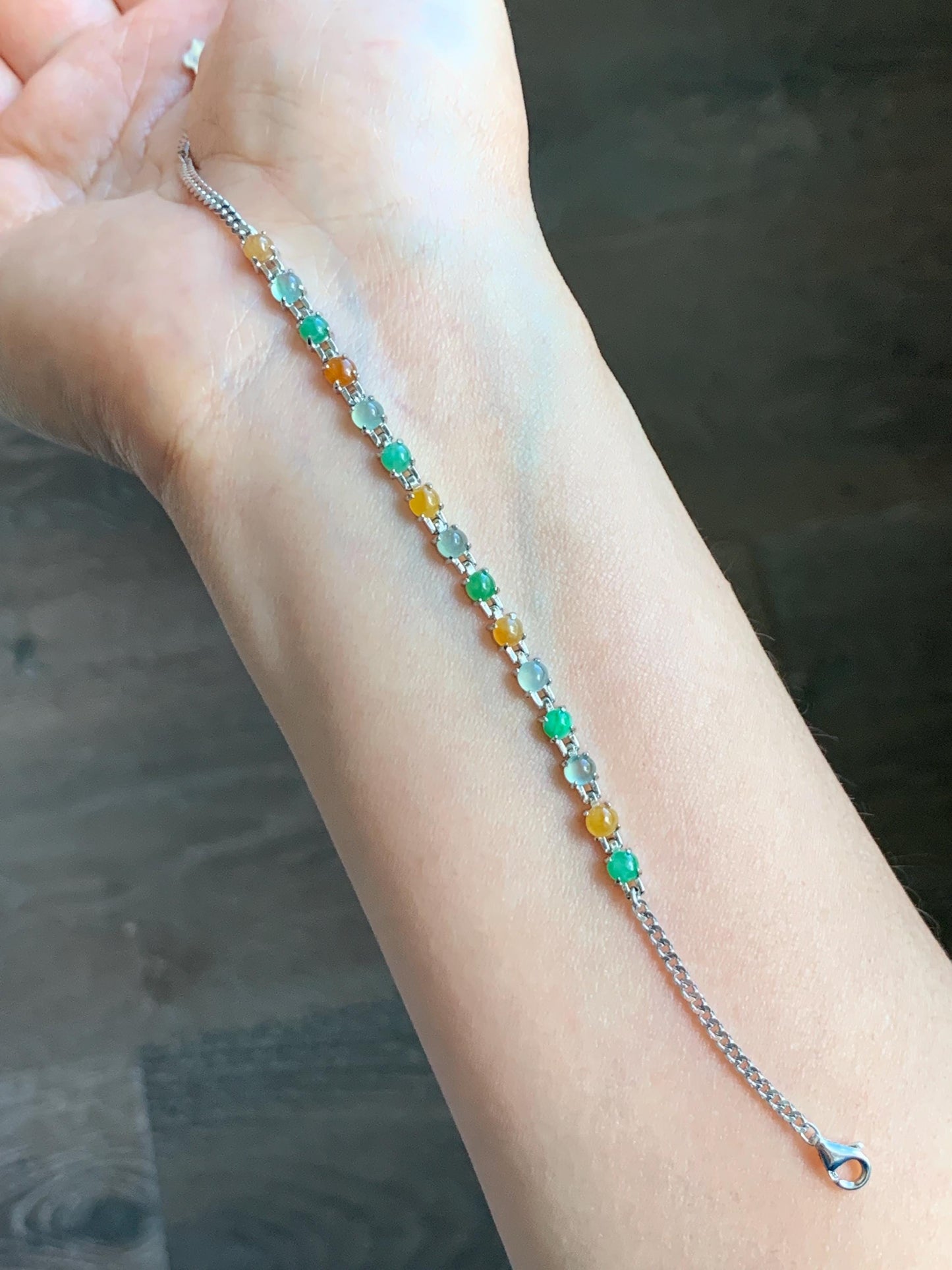 Certified Natural Grade A Icy Translucent Multicolored Jadeite Link Chain Style Bracelet Sterling Silver 6.25”-7.5” 4.3g 天然冰多宝翡翠银镶手链 1151